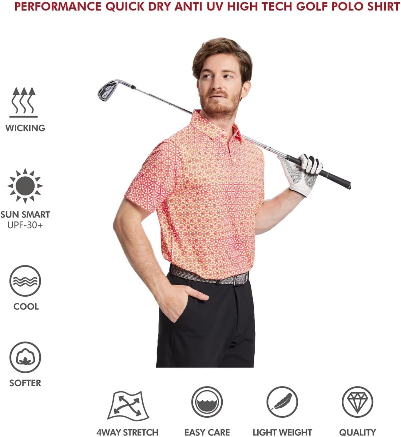 Golf Shirts for Men Dry Fit Short Sleeve Print Performance Moisture Wicking Polo Shirt
