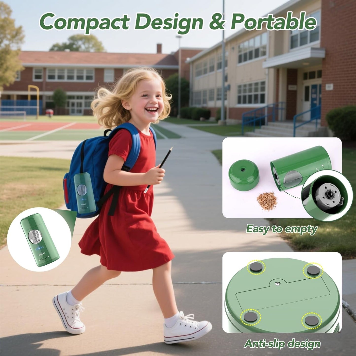 AFMAT Electric Pencil Sharpener, Rechargeable Fully Automatic Pencil Sharpener for Jumbo & Colored Pencils (7-11.5mm), Auto in/Out, Hands-Free, Portable for Home/Classroom/Office PSX6(Green)