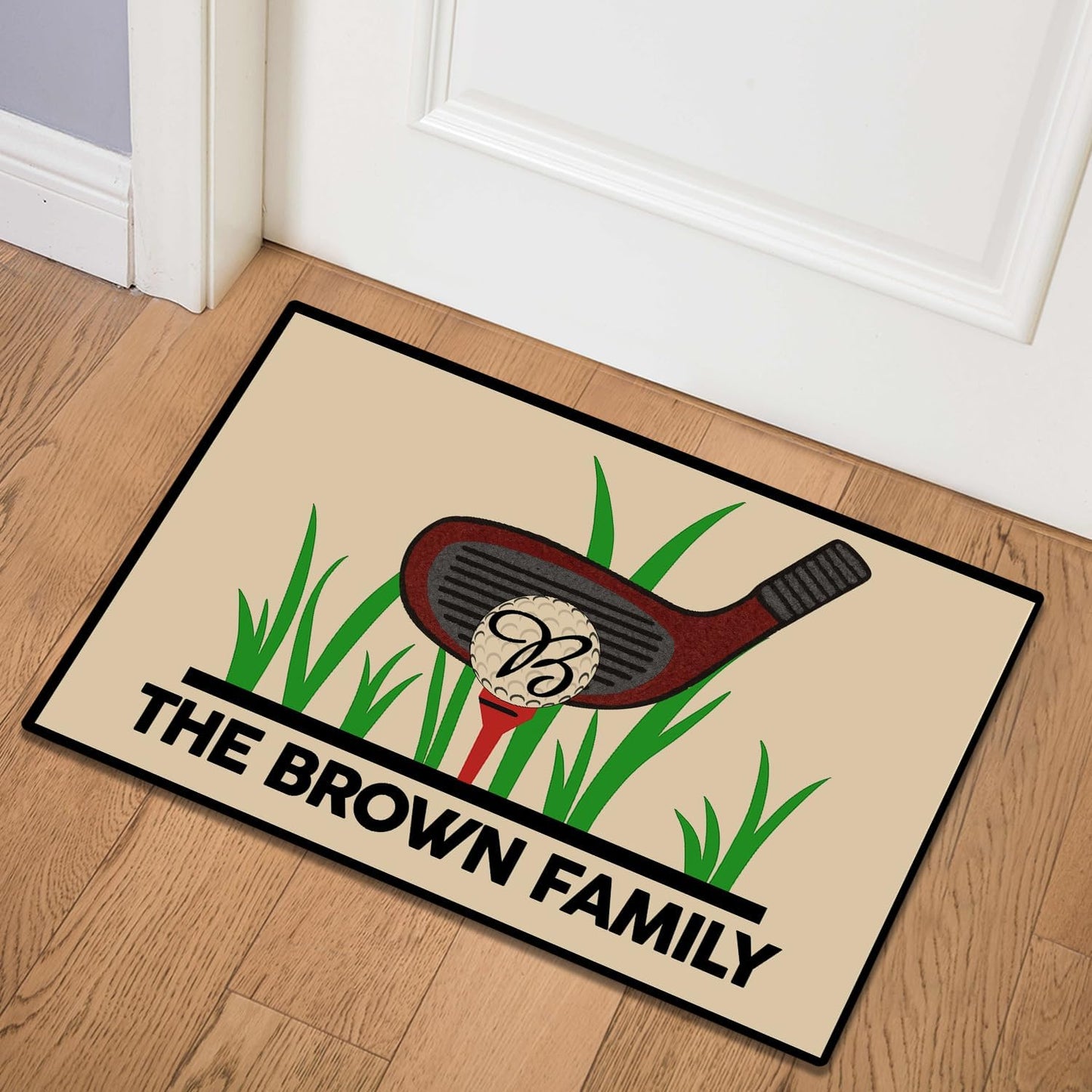 Personalized Golf Non-Slip Doormat with Family Name – Custom Entry Rug Featuring Club, Tee, and Monogram Golf Ball – Durable Outdoor Welcome Mat for Garage, Porch, Golf Cart Area, or Patio Entrance