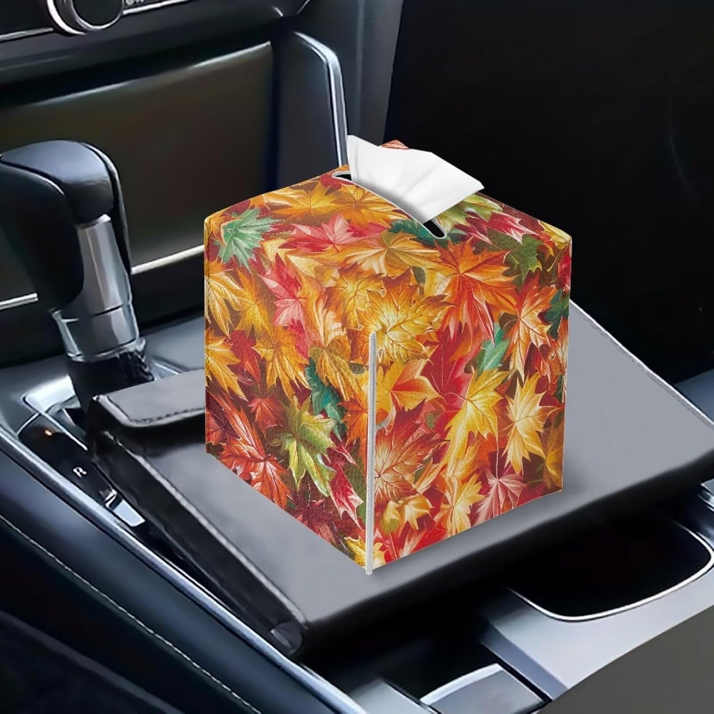 Maple Leaf Tissue Box Cover PU Leather Square Tissue Box Case Thanksgiving Theme Organizer Holder Foldable Waterproof Facial Paper Dispenser Easy to Install