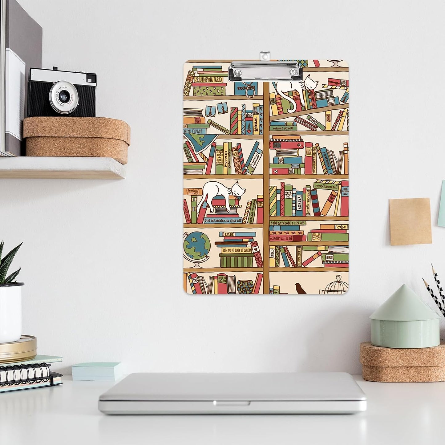 The Cat and The Bookshelf Plastic Clipboard with Finish Clip 8.7" x 12.5" Perfect for Modern Office Seminars Workshops Home School Classroom and Event