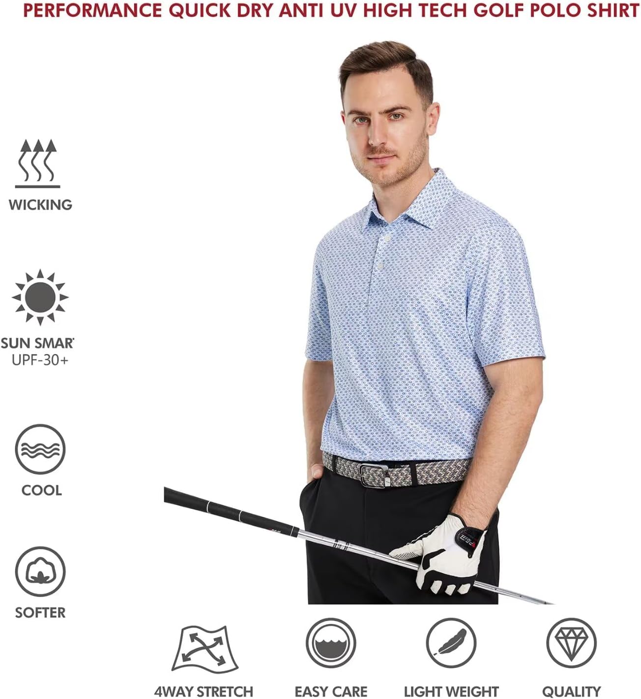 Golf Shirts for Men Dry Fit Short Sleeve Print Performance Moisture Wicking Polo Shirt