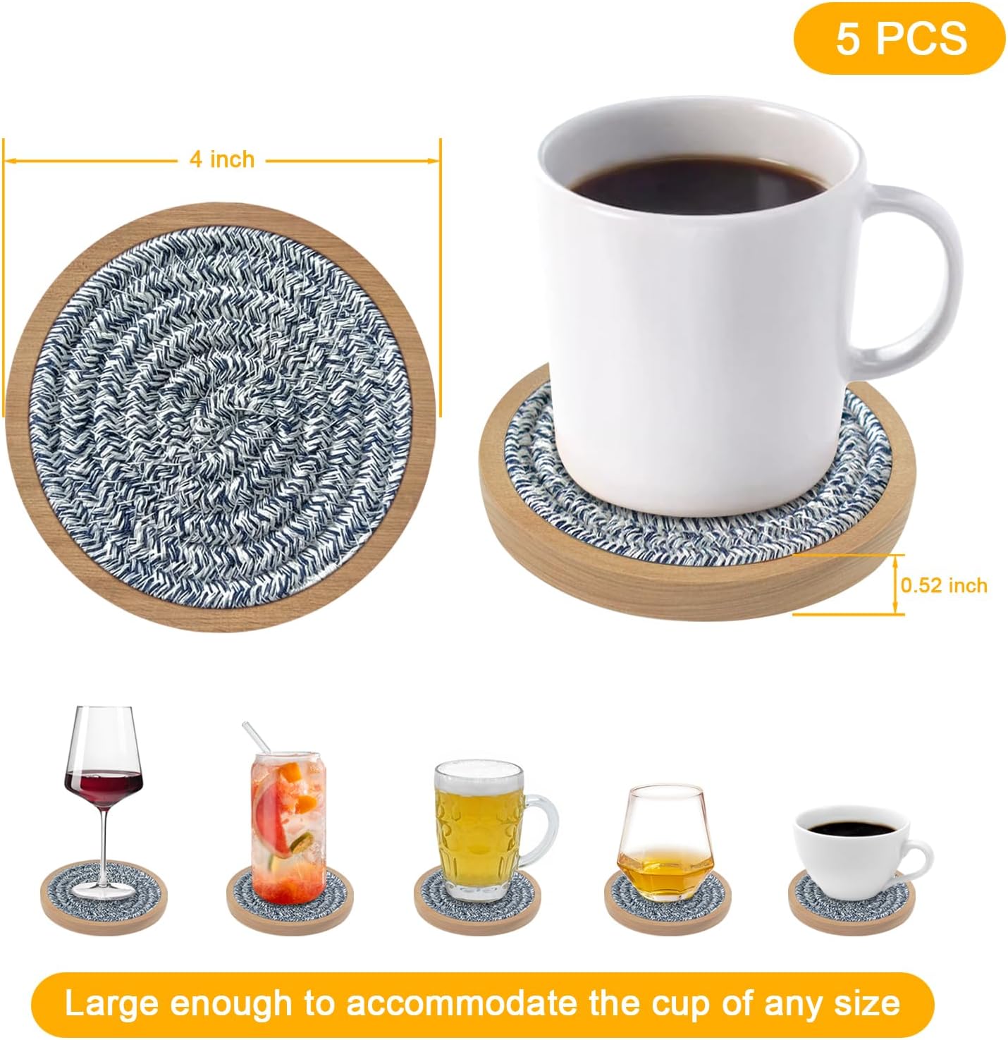 Coasters for Drinks Absorbent Sets of 5, Eykao Woven Coasters with Holder, Housewarming Gift for Farmhouse Home Decor, 4 inches (Mixed Blue)