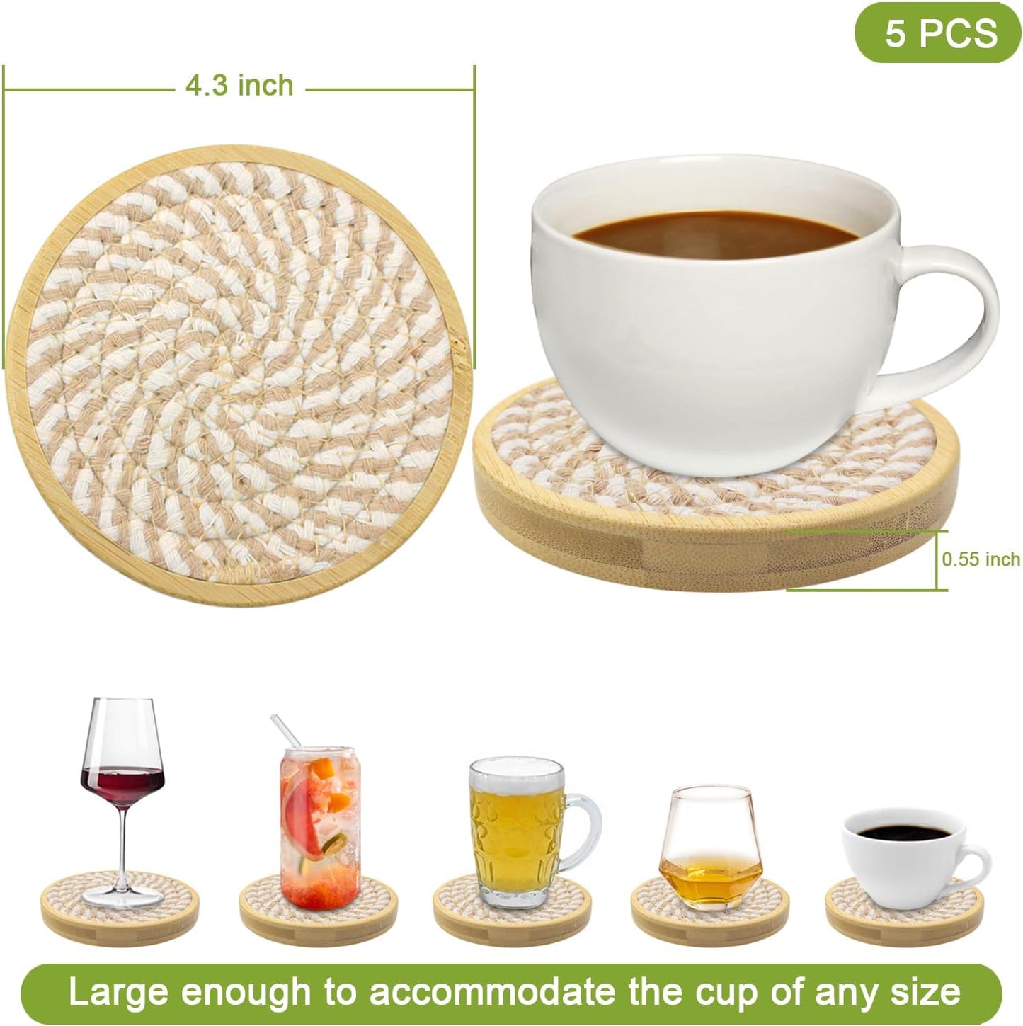 5 Pack Absorbent Coasters for Drinks, 4.3 Inches Cork for Coffee Tables, Wooden Drink Protection, Cute for Kitchen, Farmhouse, Bar, and Office (Light Brown)