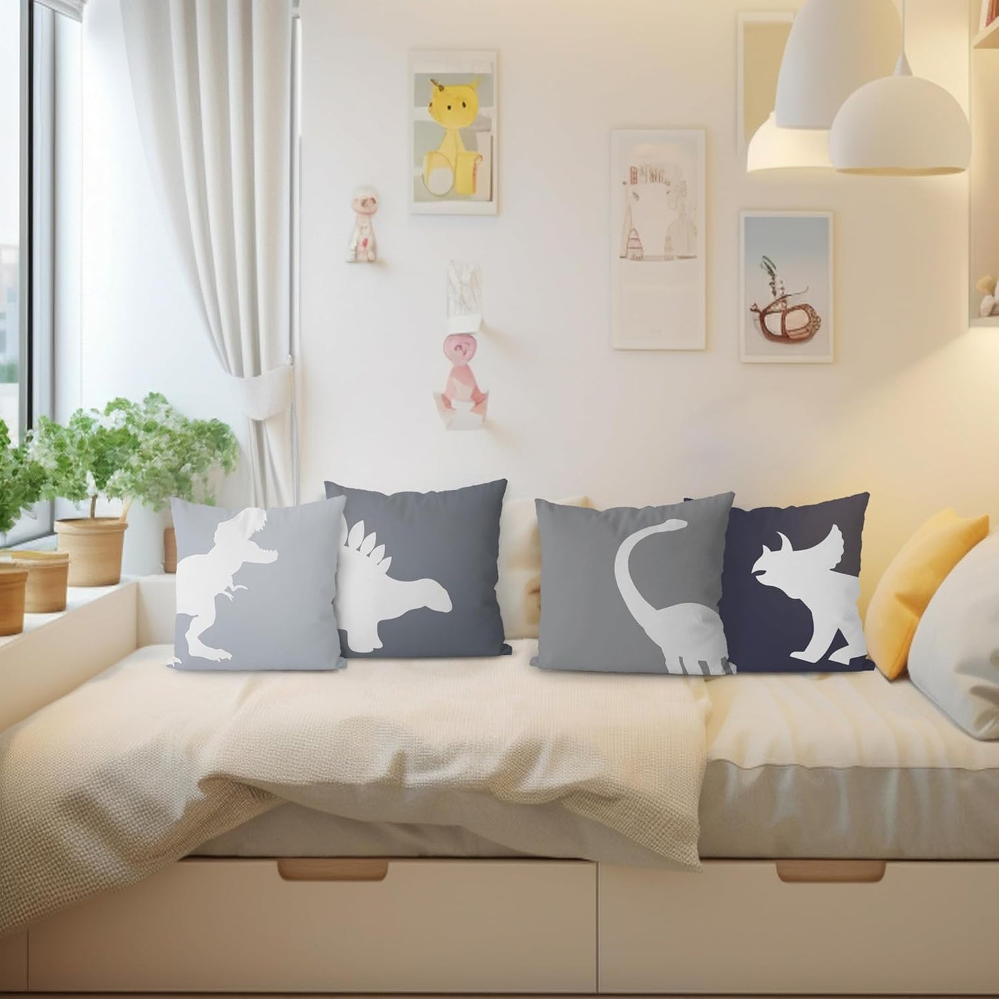 KEUSPI Dinosaur Pillow Covers Dino Throw Pillow Covers 18x18 Set of 4 Dinosaur Room Decor for Boys Dinosaur Pillowcase for Boys Room Playroom Nursery Decor