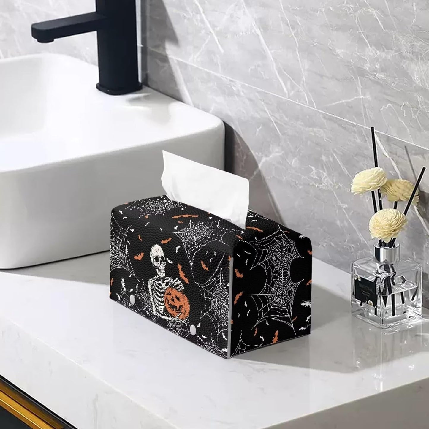Halloween Rectangular Tissue Box Cover Skull Pumpkin Print PU Leather Tissue Cover Decorative Organizer with Bottom Belt Easy to Clean for Home, Car, Hotel, Office Tissue Holder