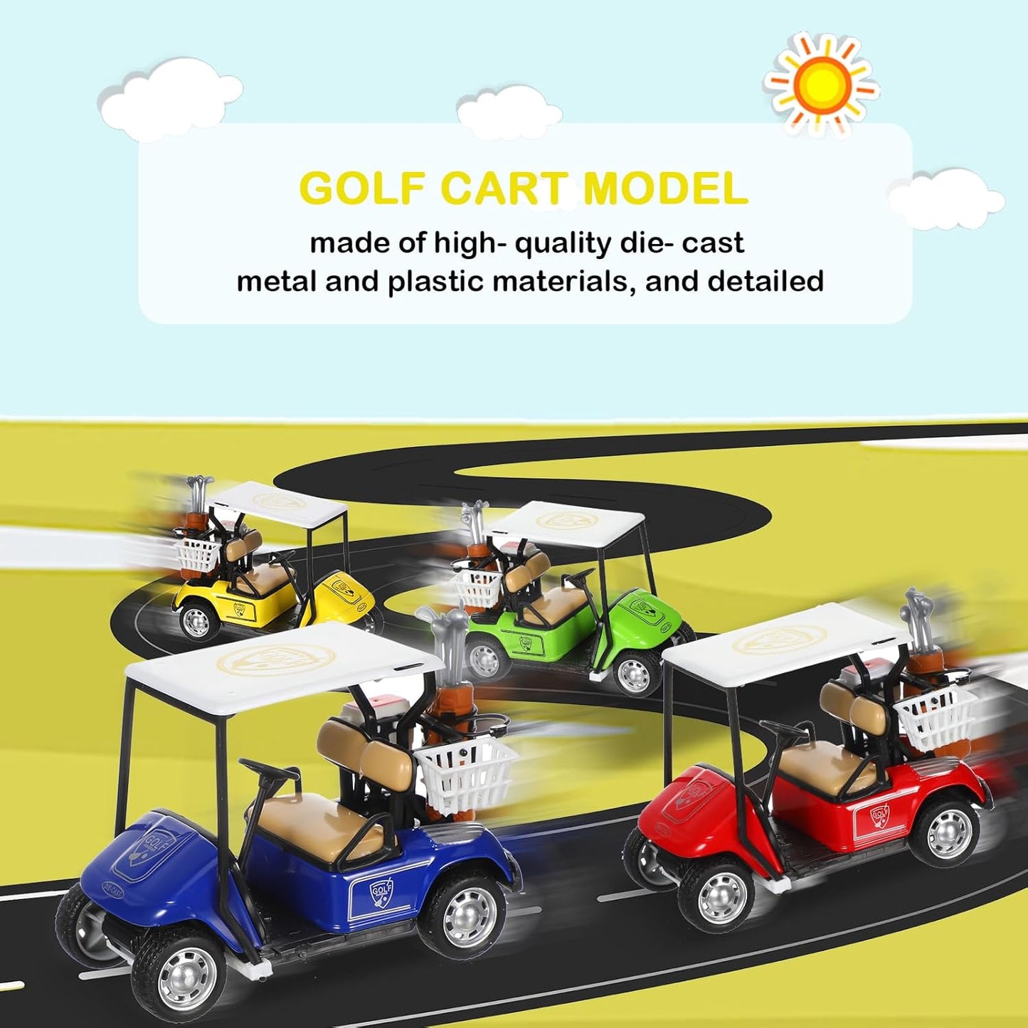 Jerify Mini Golf Cart Model Toy Metal Pull Back Action Cart 1:36 Scale Golfcart Pullback Vehicle Toys Operation Christmas Bulk for Golf Party Birthday Decor Dollhouse Cake Toppers, 3.9 Inch(4 Pcs)