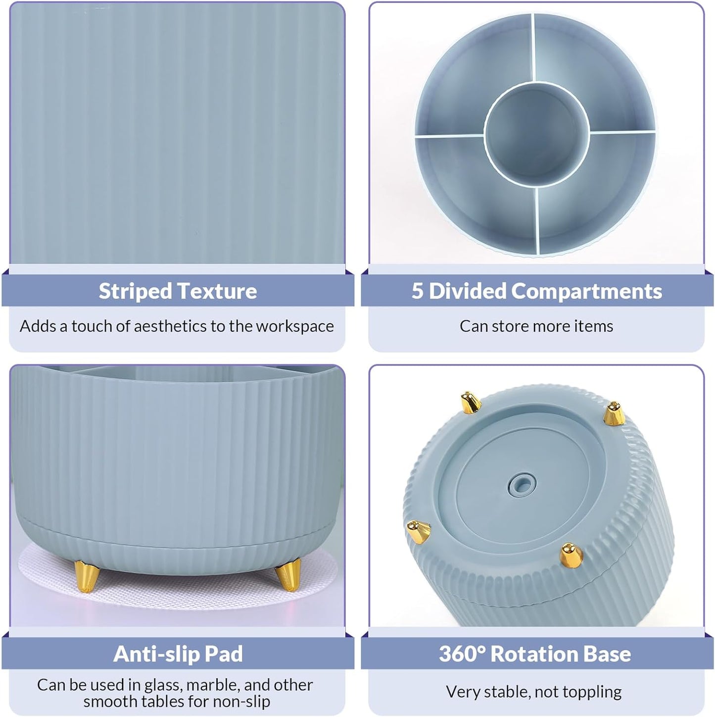 SKYDUE 360 Degree Rotating Desk Organizer, Dual-Purpose Pencil Pen Holder, Rotating Desk Pen Organizer with 5 Slots, Pencil Cup for Office, School, Home (Airy Blue)