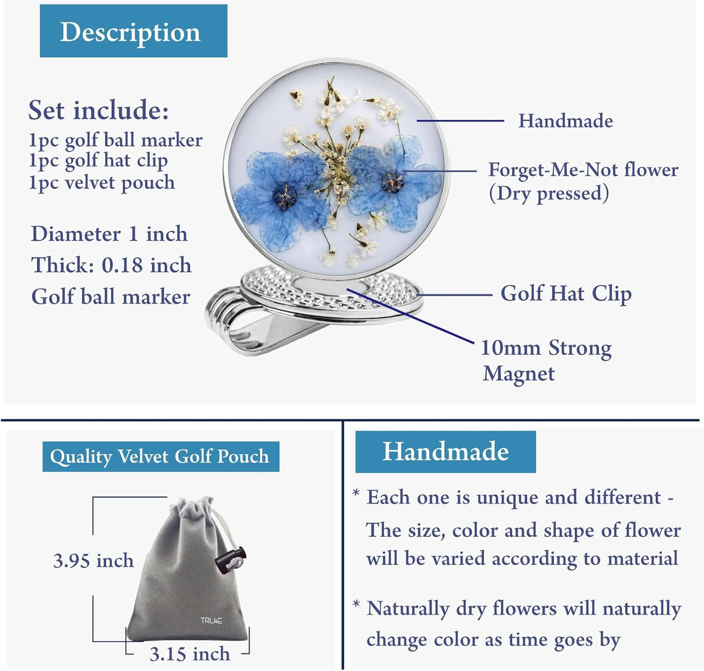 Golf Ball Marker hat Clip with Ball Marker, Handmade Pressed Flower Golf Marker, Golf Gifts, Golf Accessories for Women