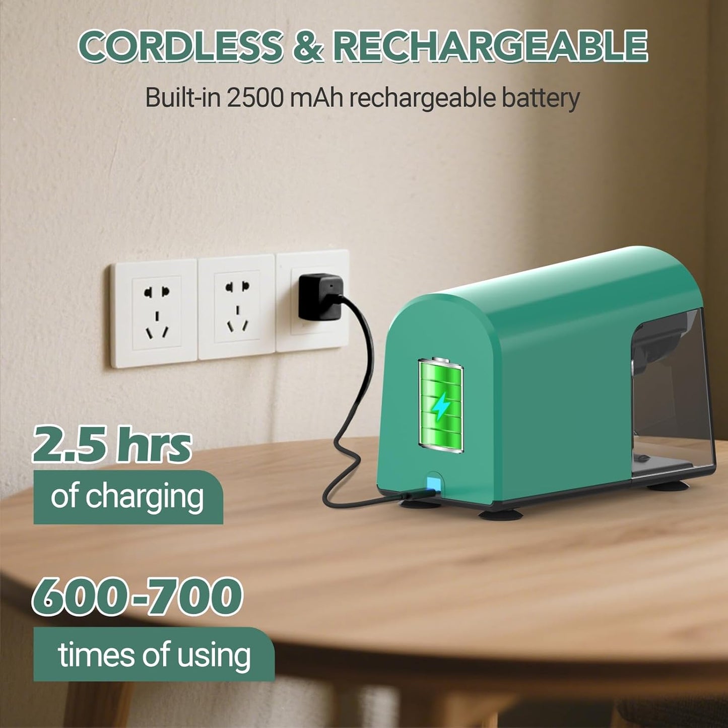 AFMAT PSD2 Electric Pencil Sharpener Heavy Duty, 6 Holes, Cordless & Rechargeable, Fast Sharpen, Auto Stop, 10K+ Uses, Classroom Pencil Sharpener for 6-11mm No.2/Large/Colored Pencils, Green