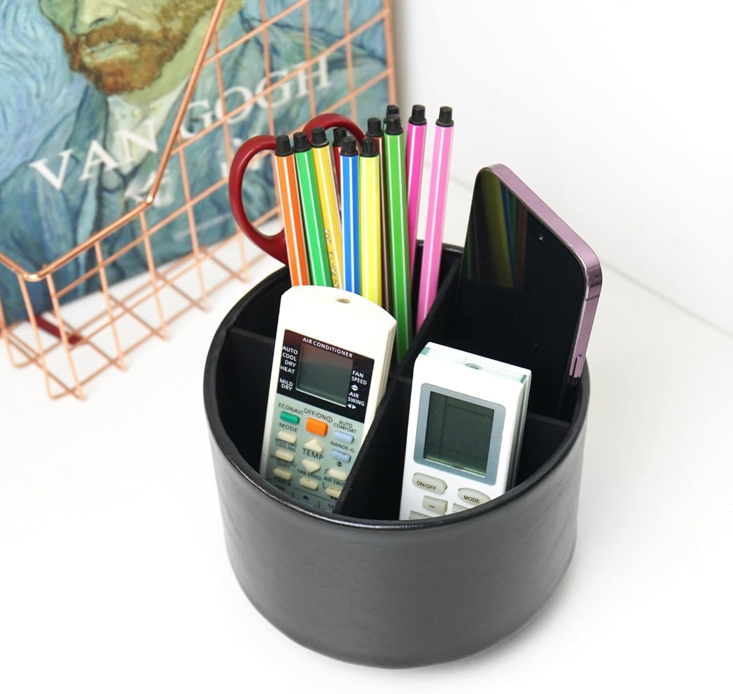 Hennaja Round Leather Art Supply Organizer,Remote Control Holder,360 Degree Spinning,Multi-Functional Pencil Holder,4 Compartments Desktop Stationary Organizer(1-Oil Black)