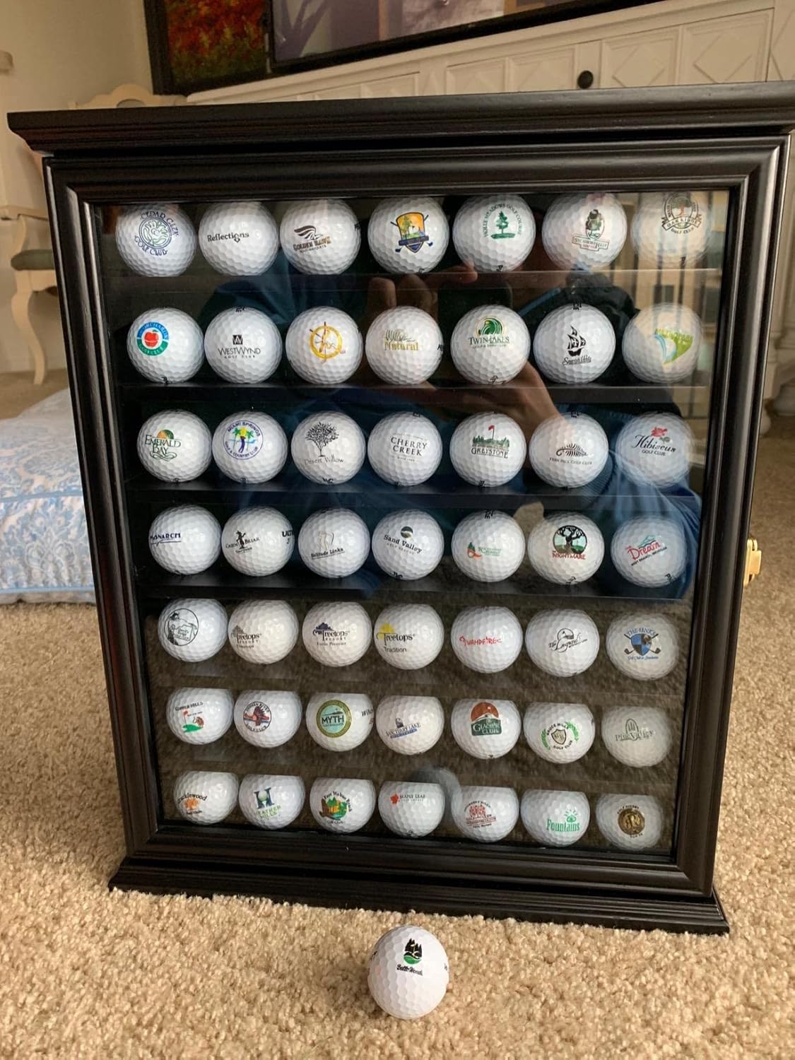 DisplayGifts 49 Golf Ball Display Case Cabinet Wall Rack Holder Solid Wood Frame with 98% UV Protection Lockable Real Glass Door, Great Golfer's Gift