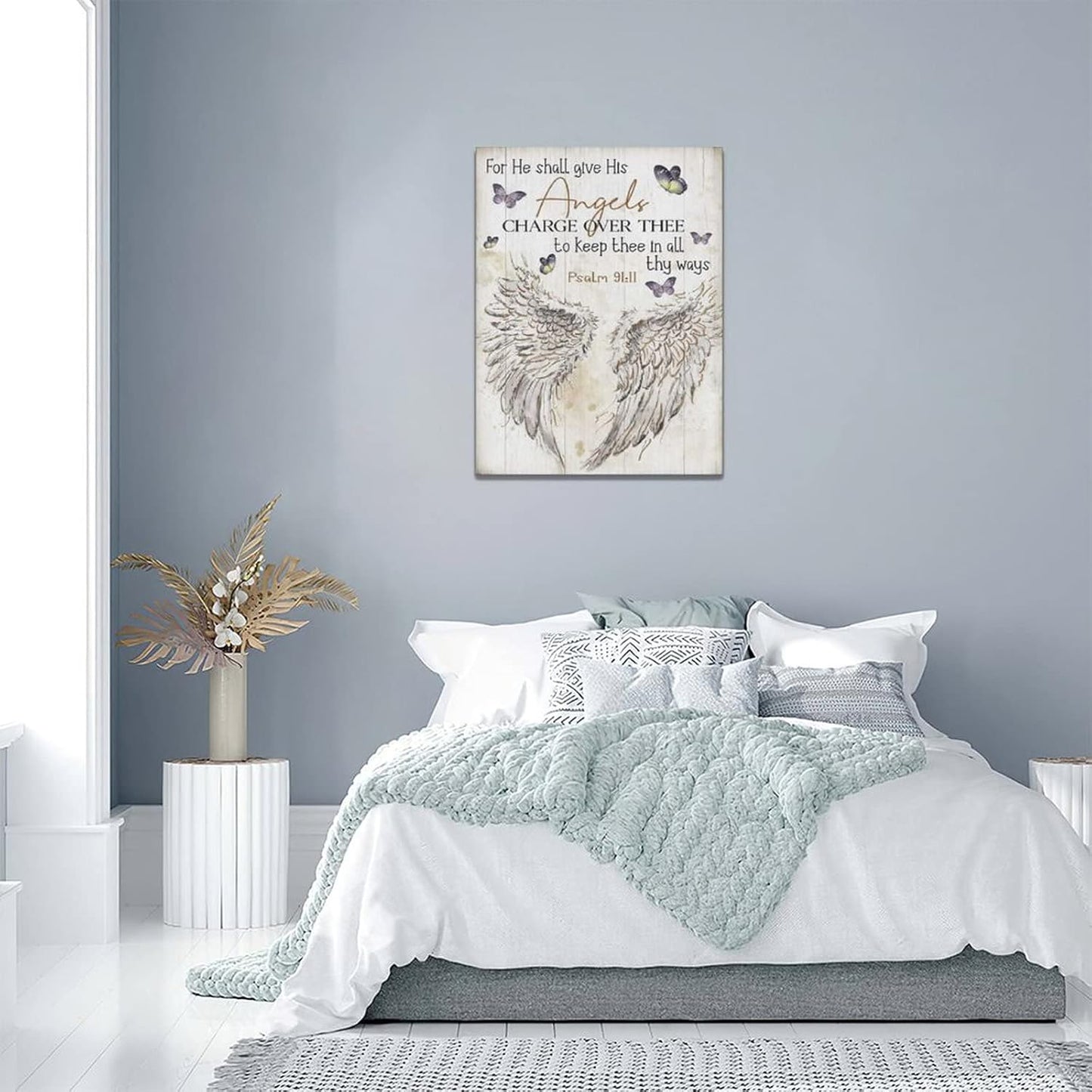 Scripture Psalm 91 Wall Art Christian Angel Wings Pictures Wall Decor Bible Verse Canvas Painting Print Artwork Abstract Modern Home Decorations Framed Ready to Hang for Office Living Room 12"x16"