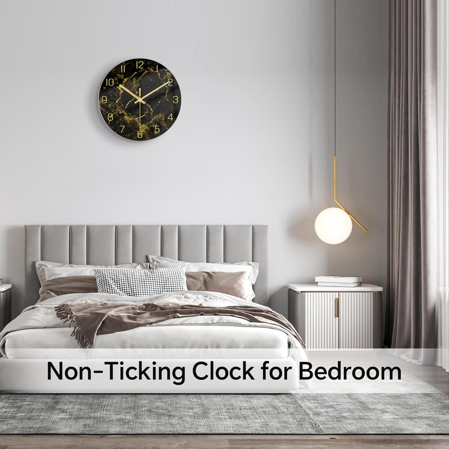 VIKMARI Black Modern Marble Texture Clock Gold Hands Rustic Kitchen Decor 12 Inch Wall Clock Battery Operated Non-Ticking Large Round Quartz Golden Decorative for Office Bedroom, Living Room