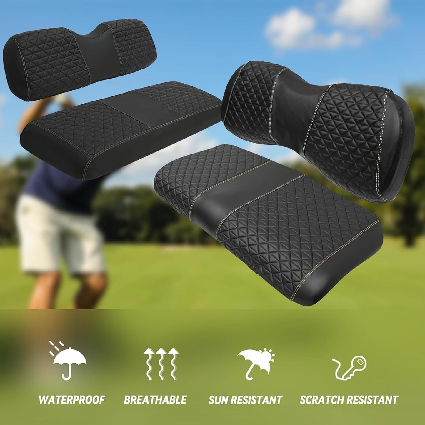 XUANYUDG0769 Golf Cart Front and Rear Seat Covers for EZGO TXT/RXV Club Car DS/Precedent Yamaha G29, Vinyl Leather Made/Adjustable Straps and Retractable Buckle/No Stapler Required,4PCS