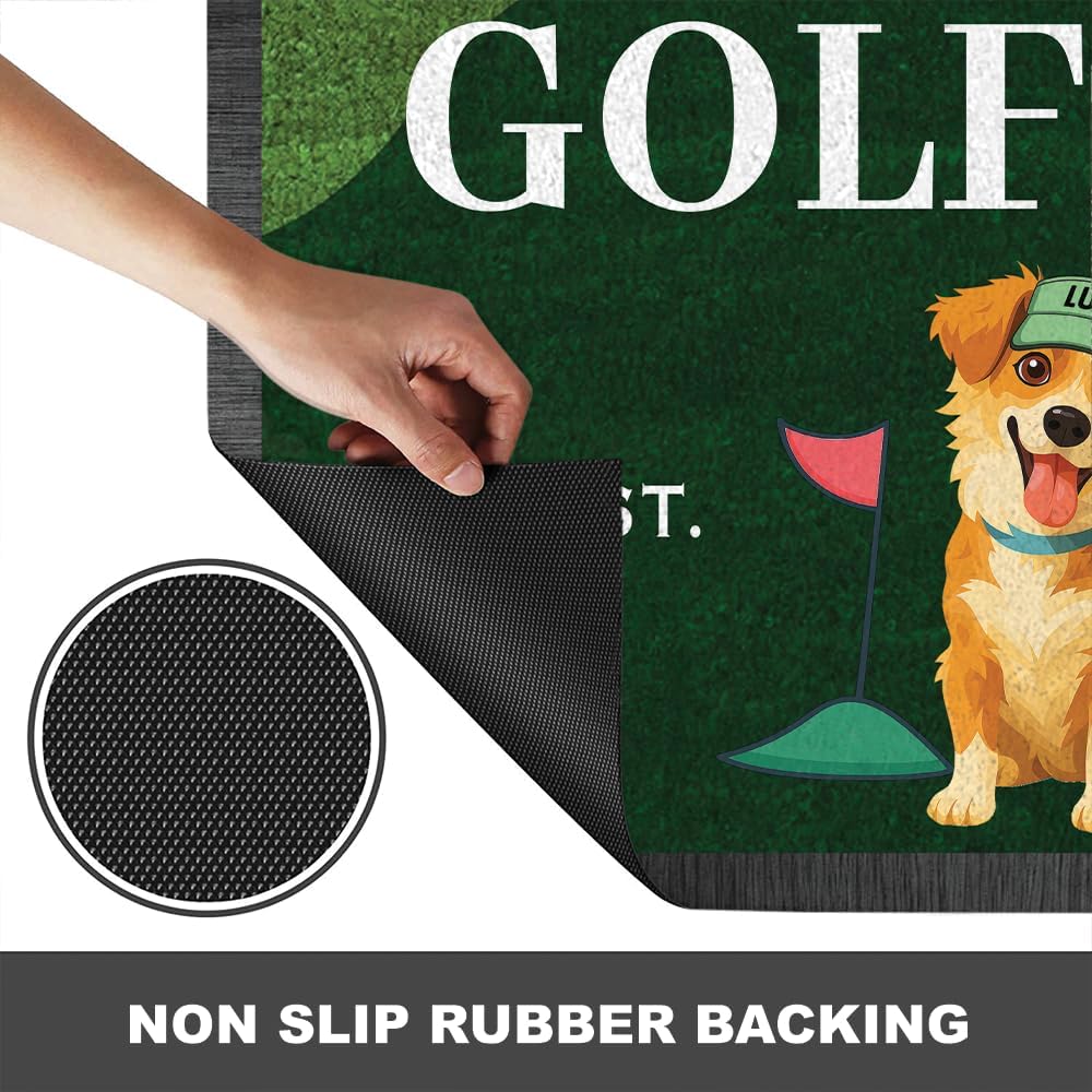 Personalized Golf Welcome Mat with Dog Photo and Family Name – Custom Front Door Rug with Pet Cartoon, Year and Golf Theme – Outdoor Entryway Doormat for Dog Owners and Golf Lovers