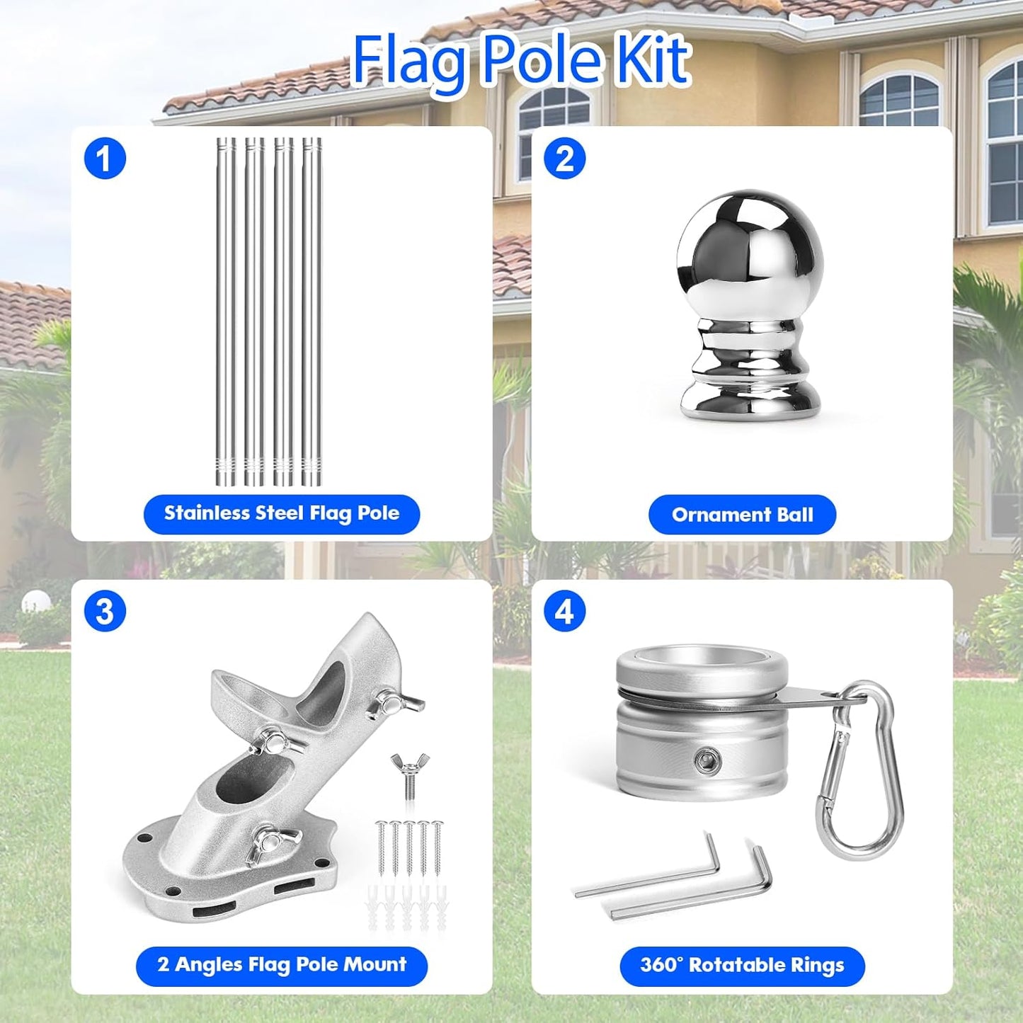 Anovo Flag Pole Kit- Stainless Steel 5 FT Flag Poles with1 Inch Metal 360° Rotating Flag Pole Rings Clip, Two-Position Flag Pole Holder Brackets Mounting for Outside House Outdoor Porch(5 FT - Sliver)