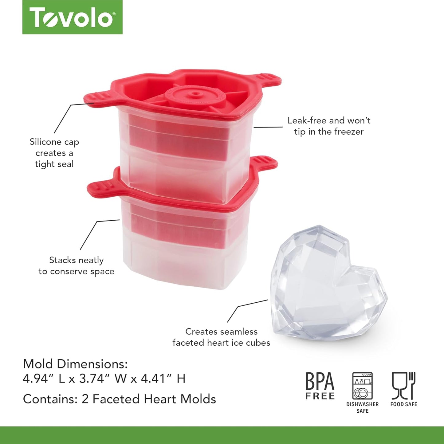 Tovolo Heart Shaped Ice Cubes Mold Pack of 2 Large Craft Ice Molds for Whiskey Bourbon Cocktails, Easy Fill No Leak Silicone Ice Molds Gift for Him Stackable Dishwasher Safe BPA Free Heart Ice