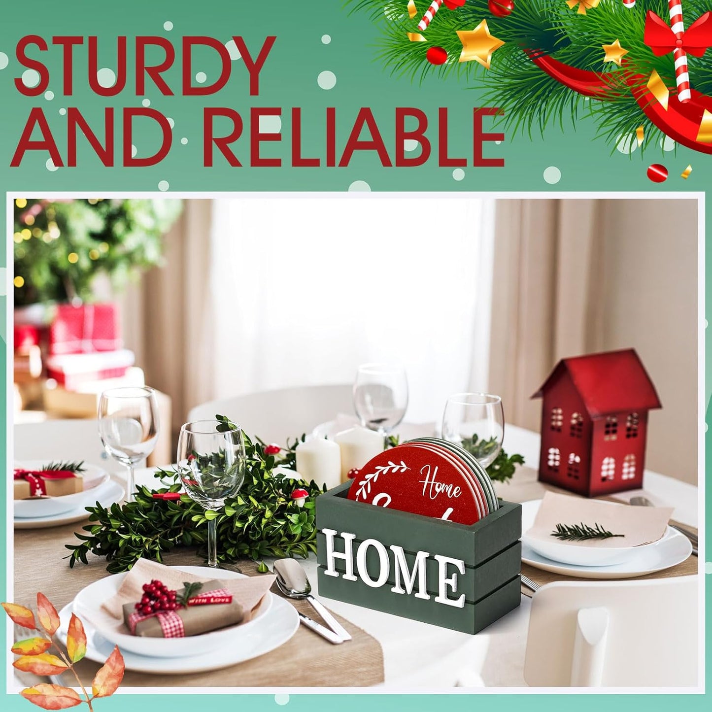 Queekay Housewarming Gifts for Home Decoration Wooden Heart Coasters for Drinks 6 Set Farmhouse Coasters with Holder Funny for Family Coffee Table Protection, 4''(Red,Green)