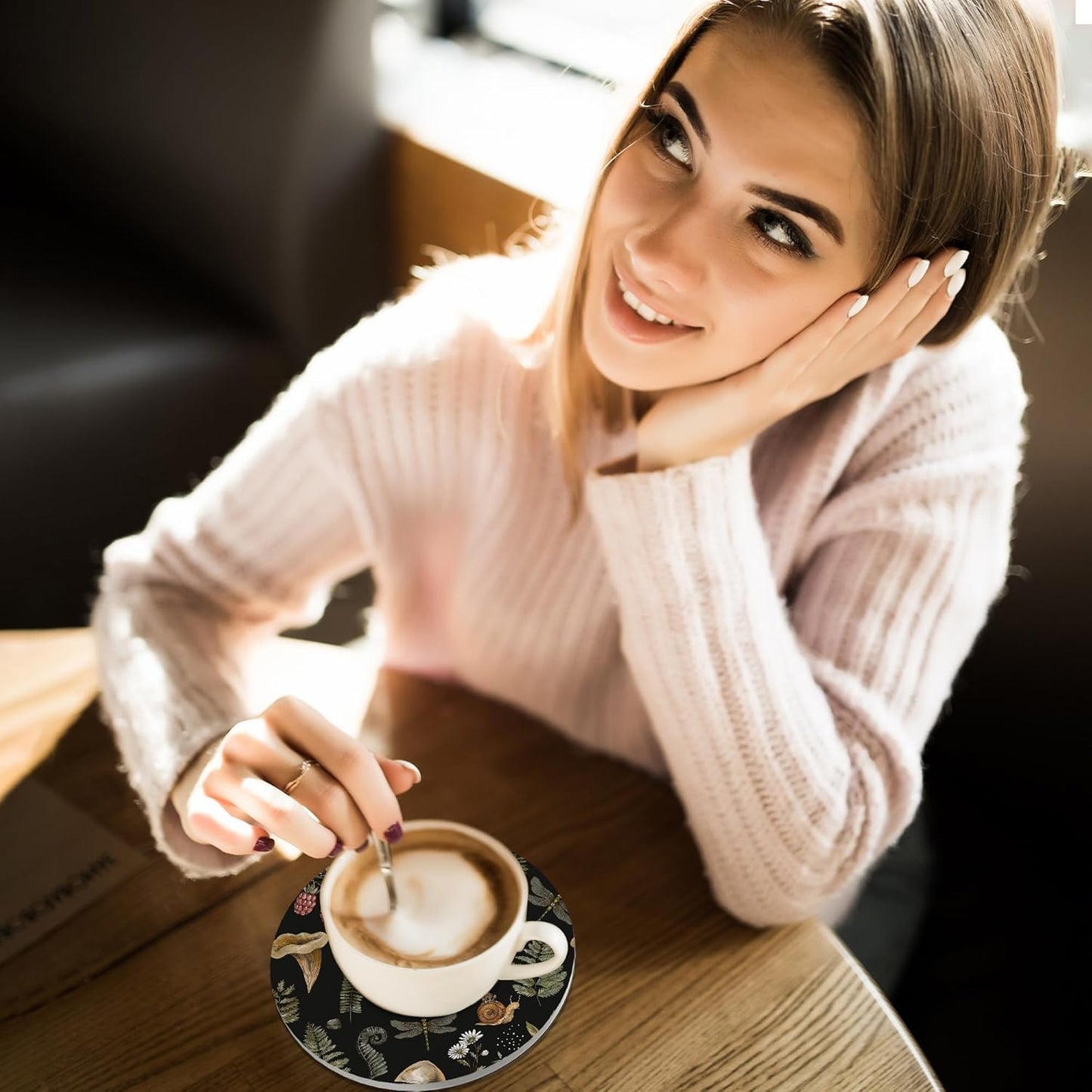 Coasters for Drinks, Set of 4 Absorbent Ceramic Coasters, Vintage Mushroom Plants Design, Non-slip Cork Base, Green, Black, Round