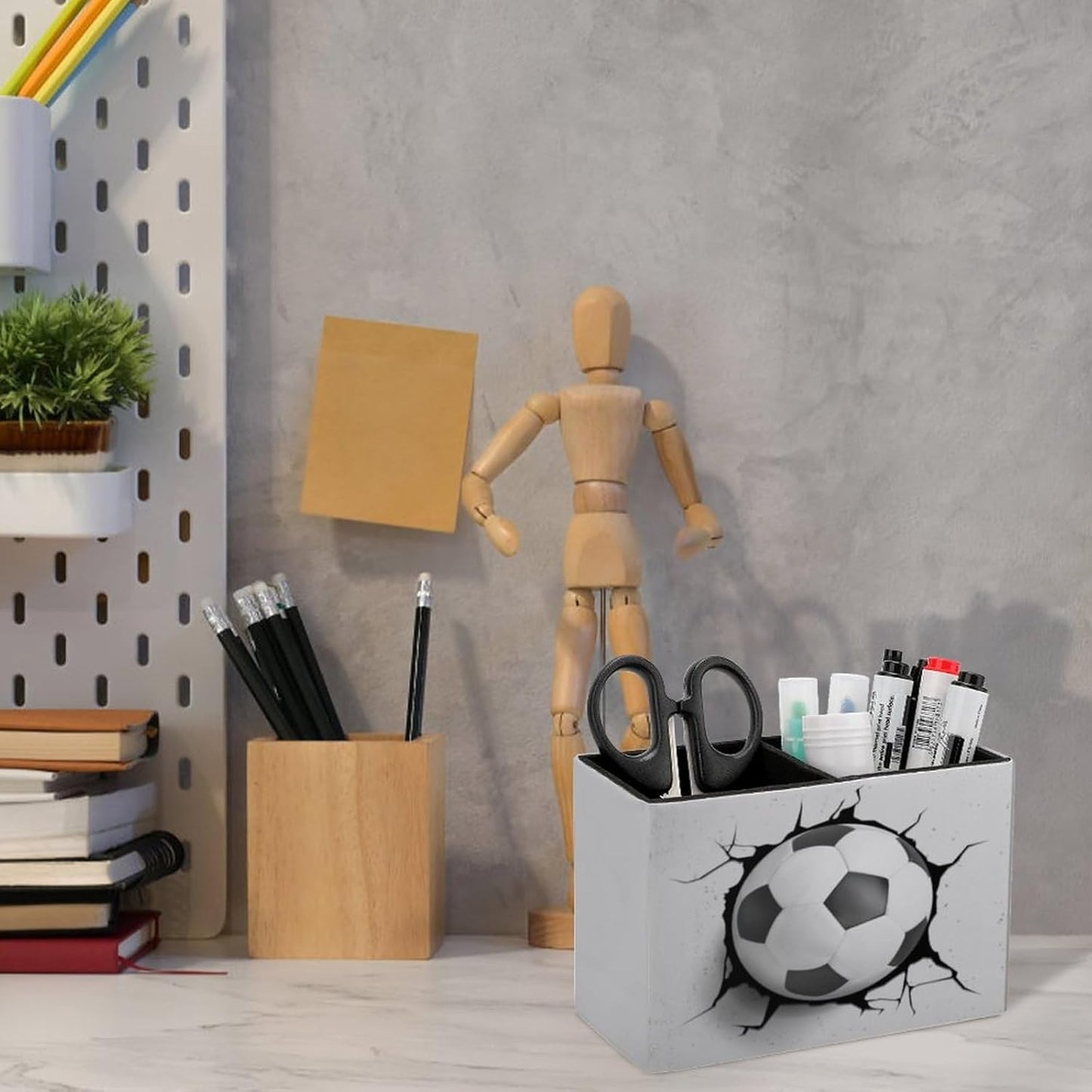 Pen Holder, Pencil Holder for Desk Organizer, Soccer Ball Cracked Wall PU Leather Pencil Cups Desktop Stationery Storage Makeup Brush Holder Pen Organizer for Office Home