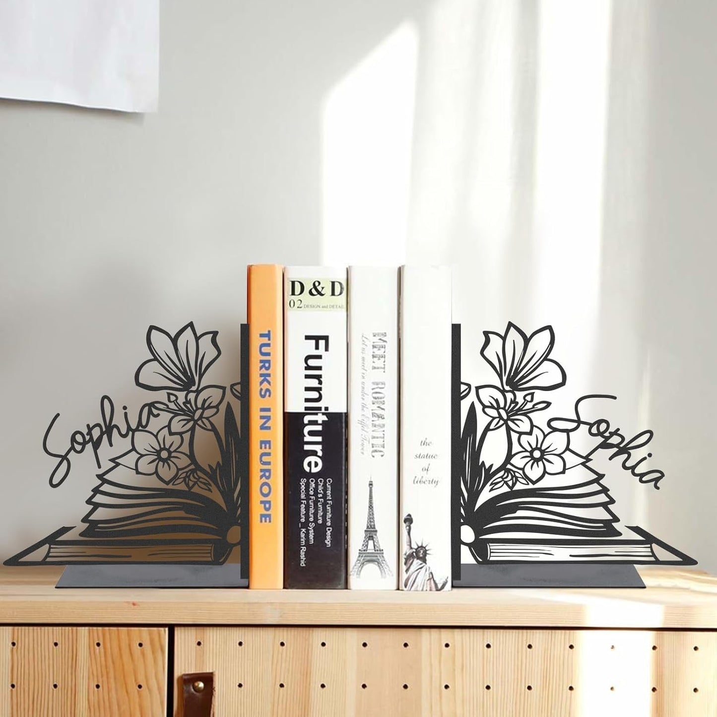 Personalized Flower Book Ends for Shelves 2 Pcs, Custom Name Metal Book Holders, Unique Bookends for Heavy Books, Non-Slip Book Stopper, Home Office Desk Bookshelf Decor, Customized Gifts