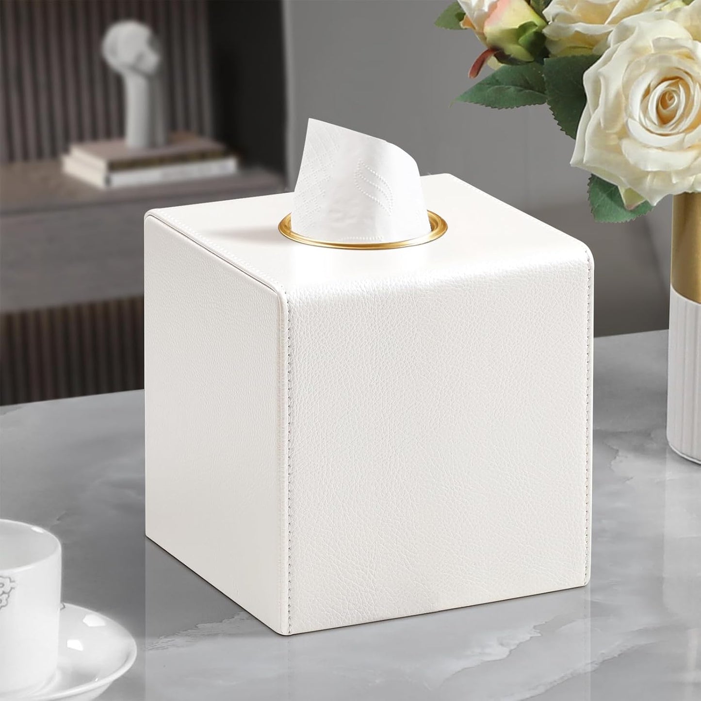 Square Tissue Box Cover, Luxury PU Leather Tissue Holder with Magnetic Closure (Beige)