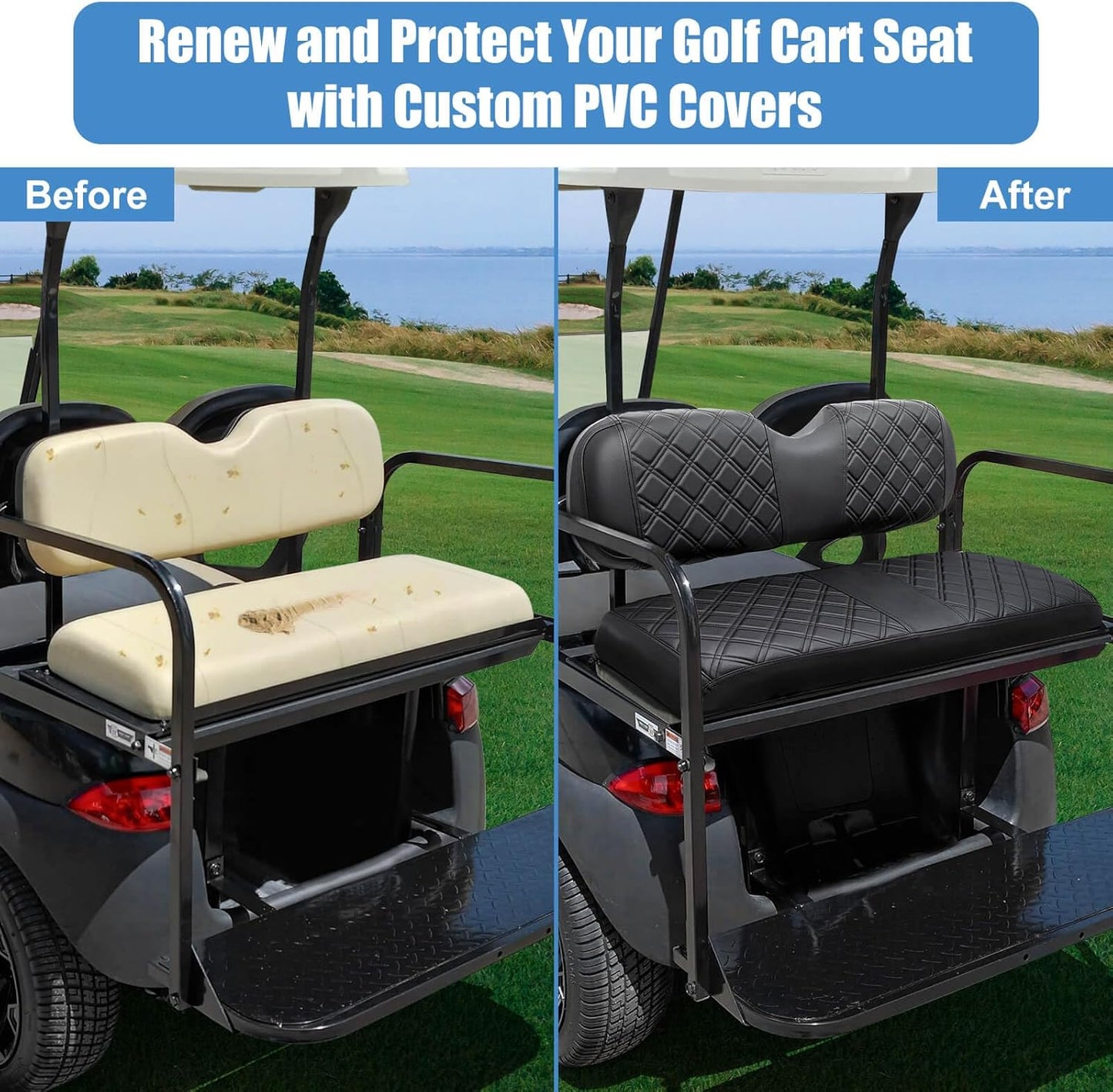 MOSNAI Golf Cart Rear Seat Covers for EZGO Club Car Yamaha Aftermarket Rear Seat Cushion, Rear Seat Cover with Concave and Convex Design, Thick Vinyl Leather Comfortable, Breathable & Easy to Clean