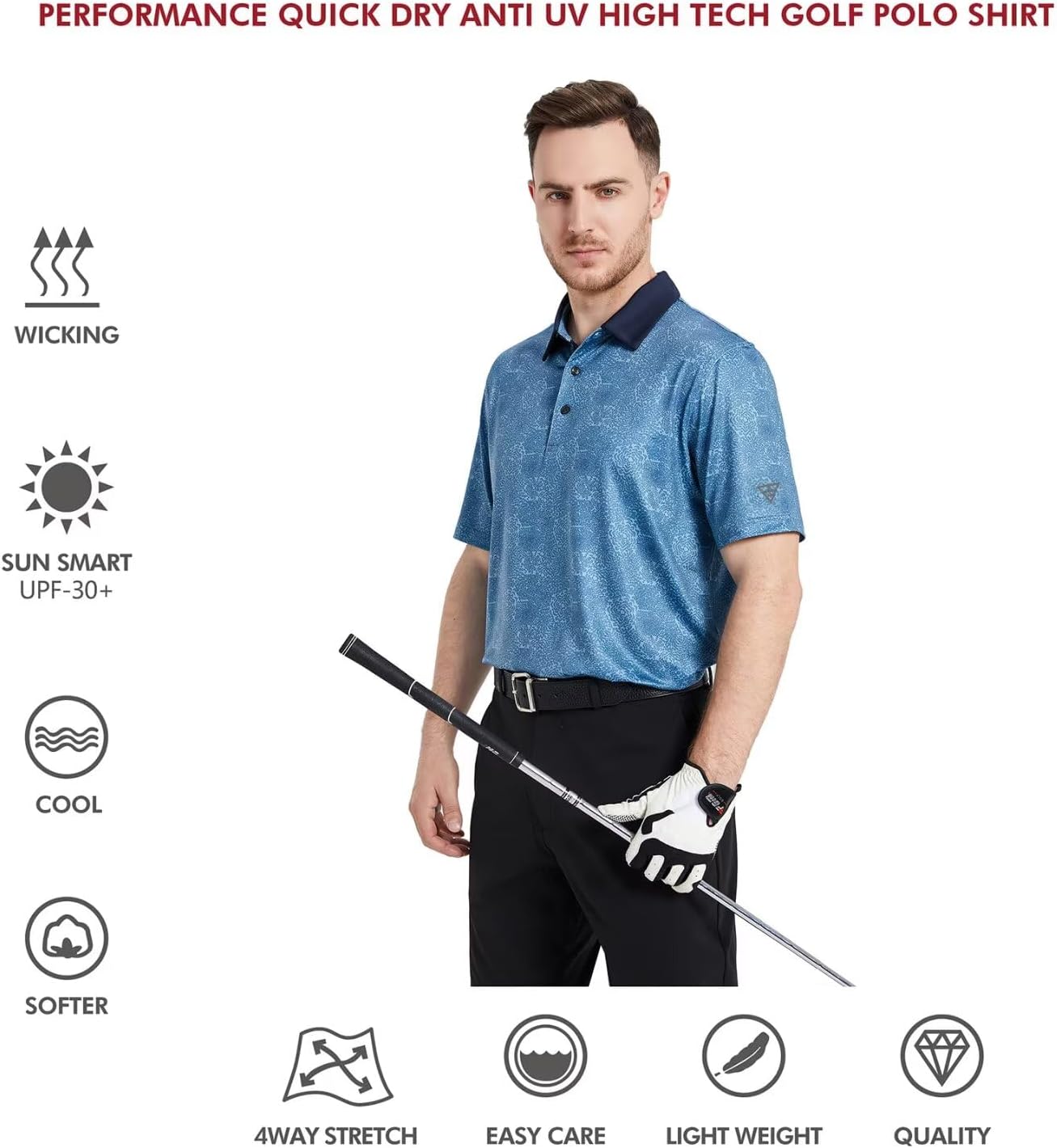 Golf Shirts for Men Dry Fit Short Sleeve Print Performance Moisture Wicking Polo Shirt