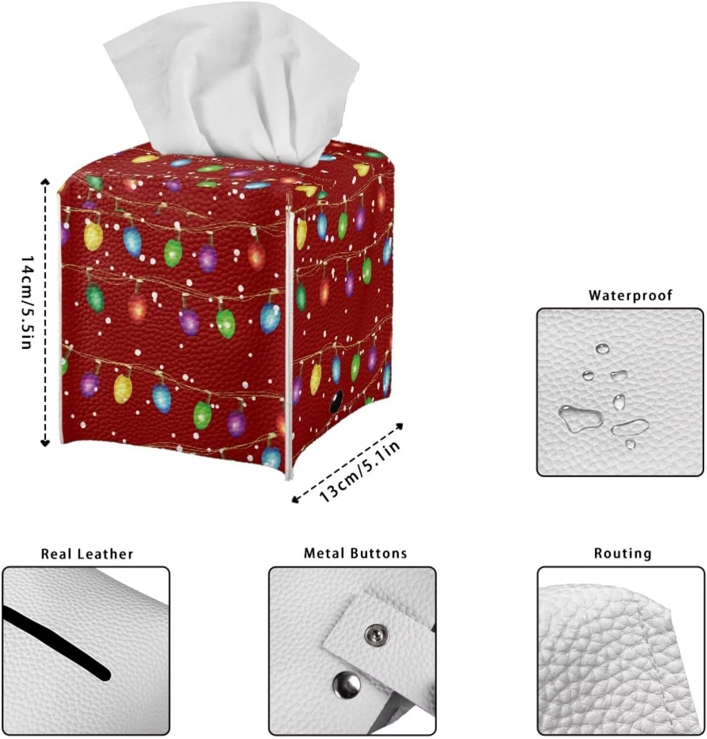 Christmas Tissue Box Cover Cube Leather Tissue Cover 5x5x5 inch Facial Paper Box Holder Christmas Home Decorations for Desk Bathroom Vanity Countertop