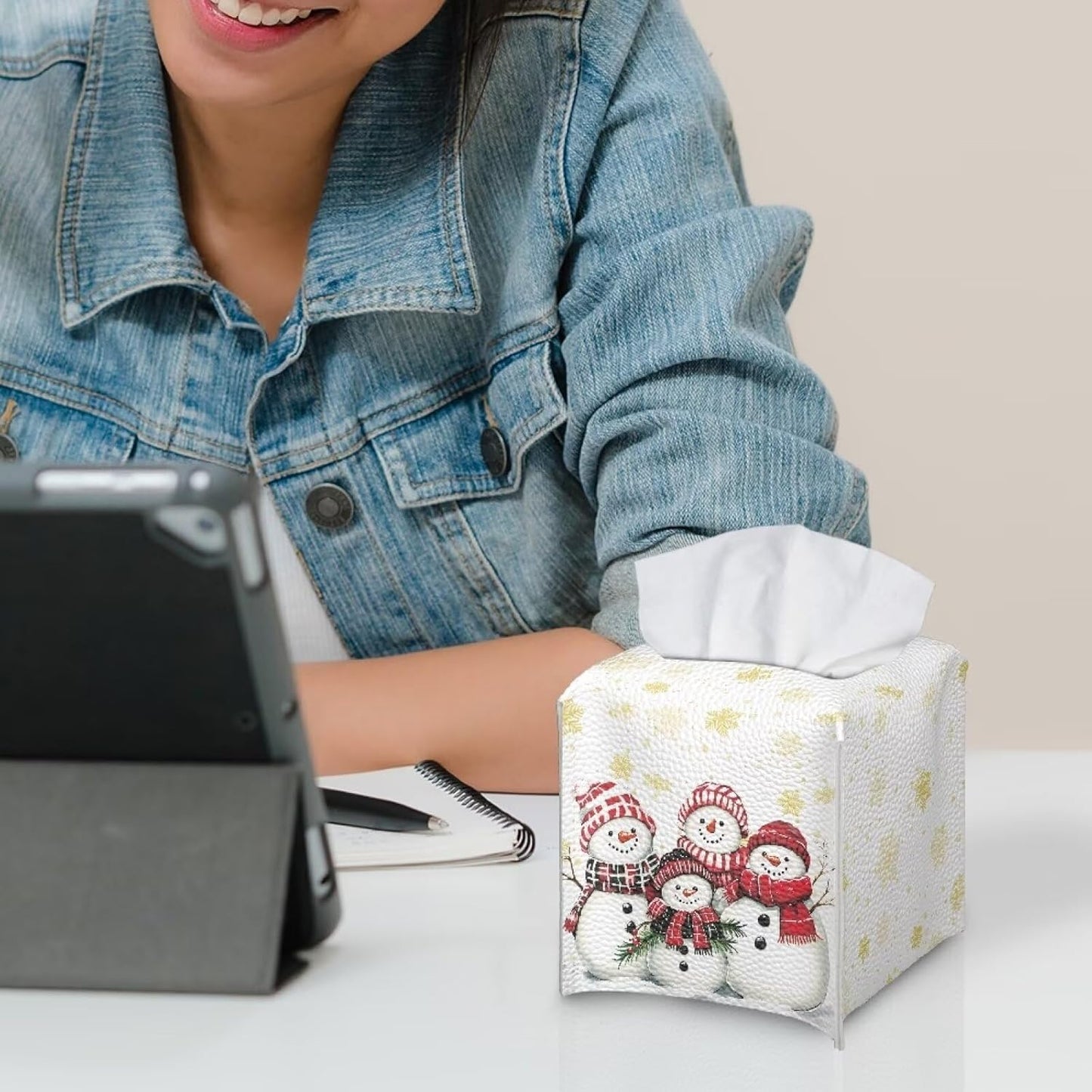 Cute Snowman Leather Tissue Box Cover Christmas Decor Tissue Box Cover Square 5x5x5 Home Decorative Tissue Boxes for Living Room Bedroom Bathroom