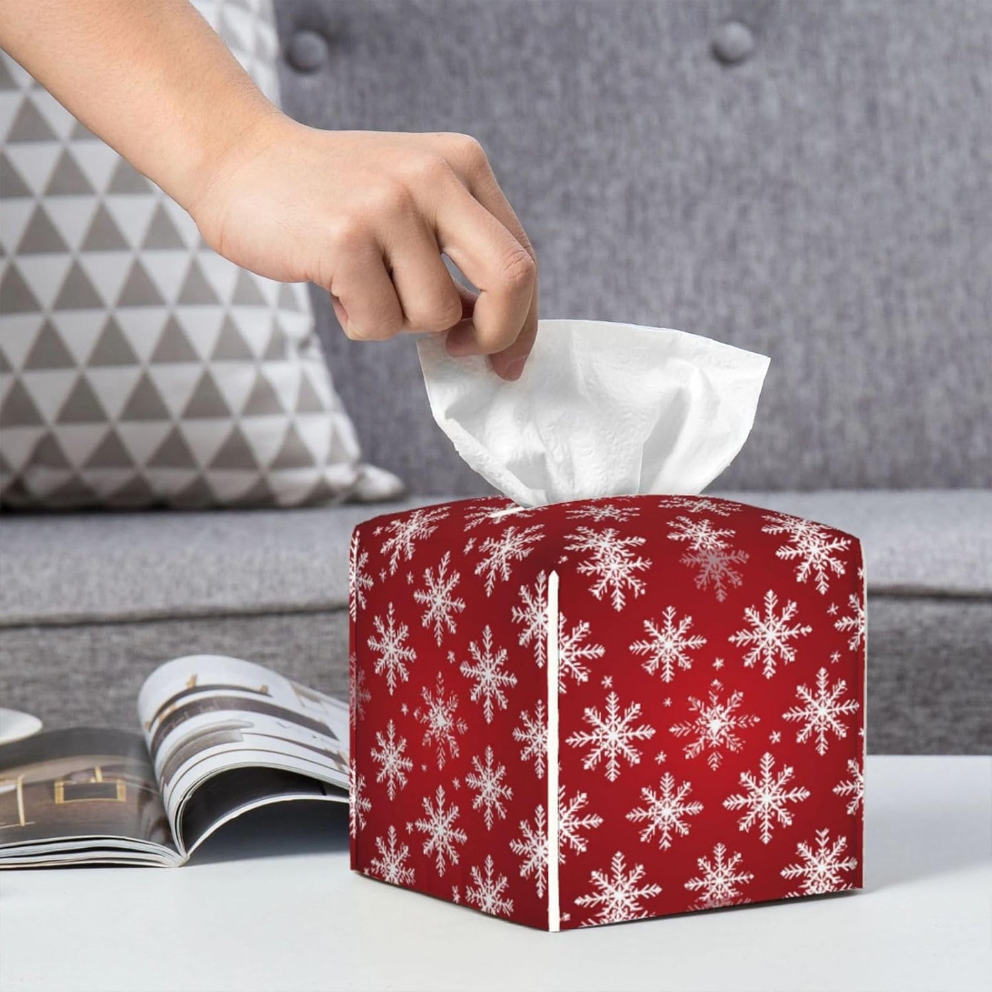 Tissue Box Cover Christmas Snowflakes Pattern Square PU Leather Tissue Box Holder for Car Bathroom Bedroom Desk Tabletop Decor