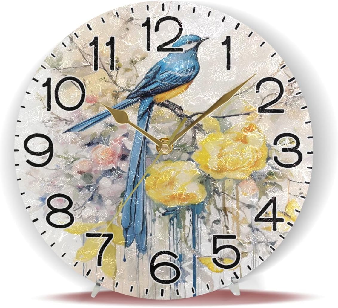 Spring Blue Bird with Yellow Flowers Butterflies Wall Clock Battery Operated Non Ticking Silent Quartz Analog Rustic Farmhouse Round Clock Retro Decor for Home Kitchen Living Room Bathroom