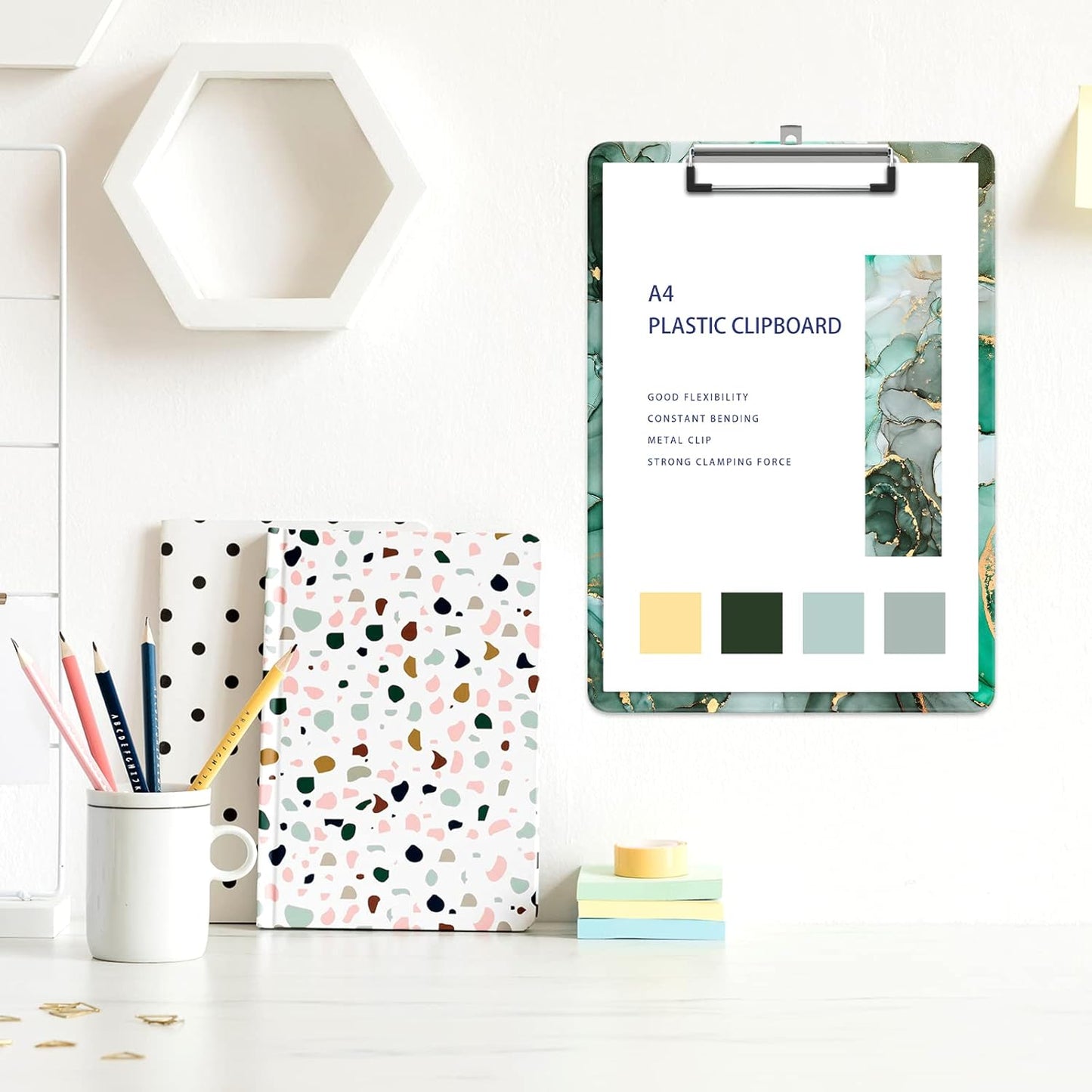 Plastic A4 Clipboards, Cute Clip Board Stardard Letter Size 9 x 12.5 in, Office Decorative for Students Women Men and Kids, Green Marble