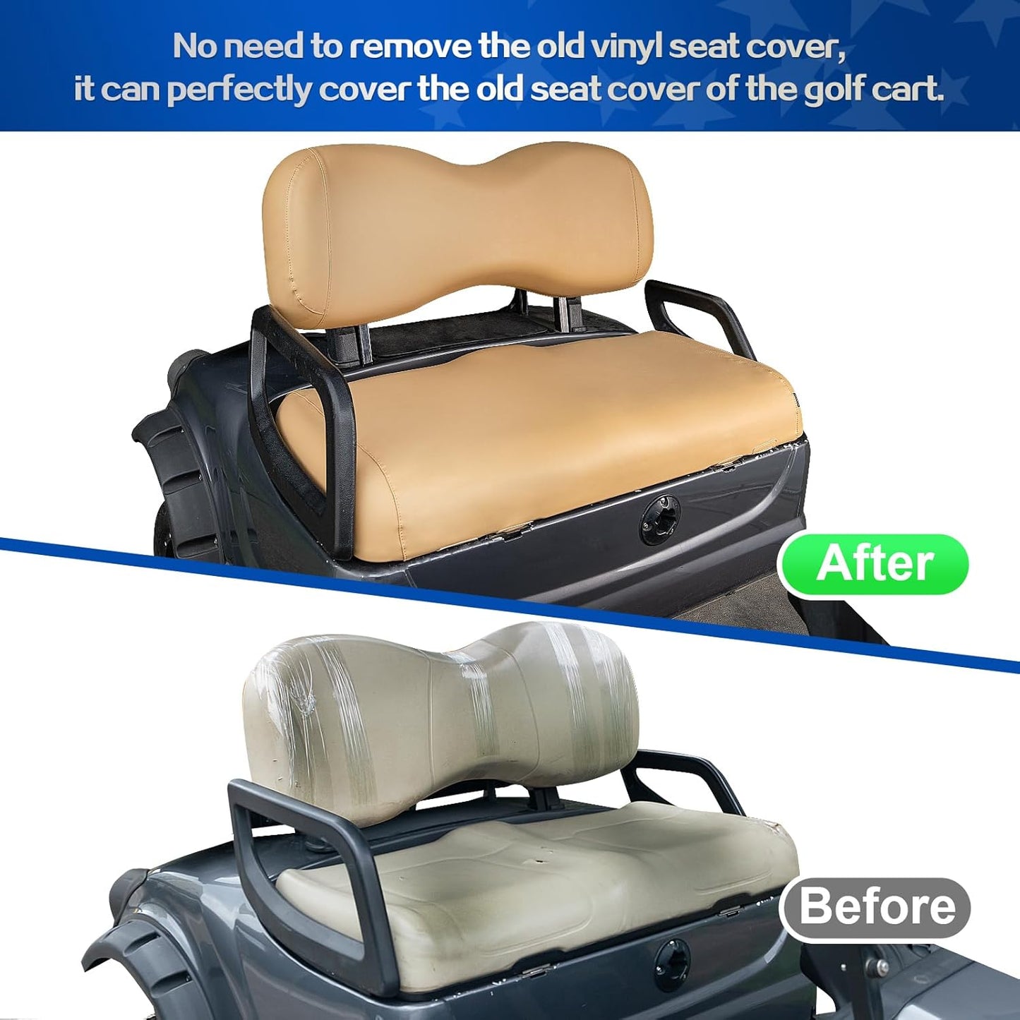 NOKINS Golf Cart Seat Covers Leather Front Seat Cover Fit Yamaha Drive&Drive 2,Smooth and Simple Style,No Stapler,Golf Cart Vinyl Waterproof Replacement Seat Cover,Tan