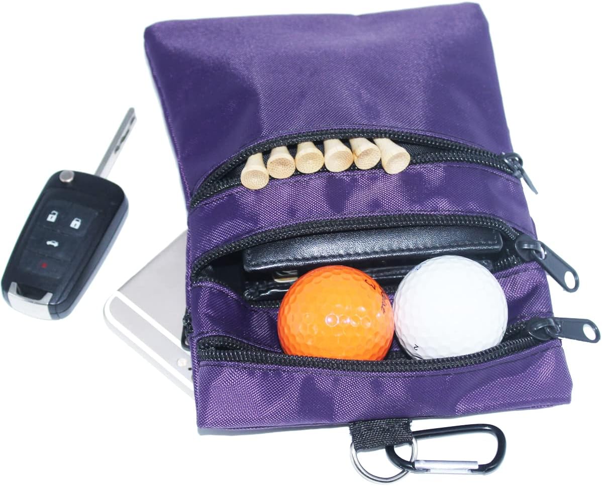 Golf valuables Pouch, Zipper Golf Ball Bag with 4 Pockets, Golf Accessories Pouch for Storing Balls,tees,Mobile Phone,Keys, Cards and Cash, Great Gift for Golfers