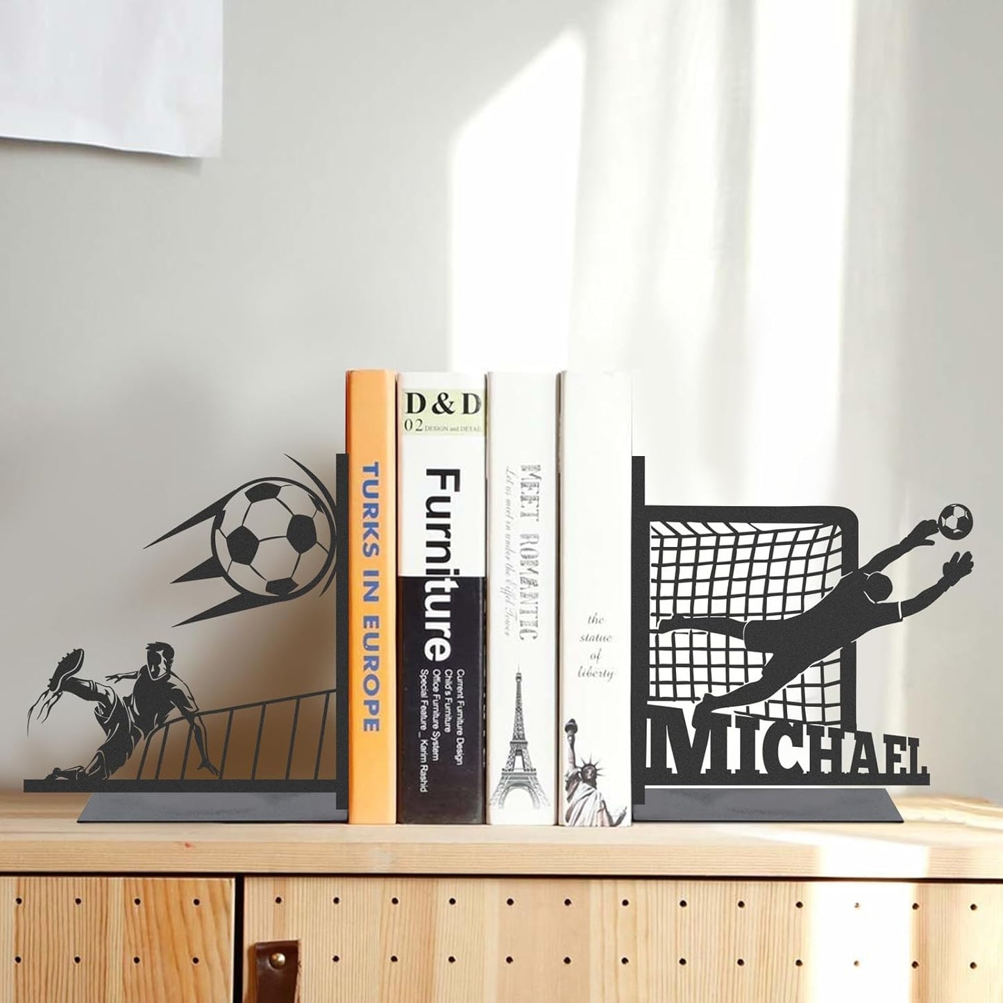 Personalized Metal Book Ends for Shelves 2 Pcs, Custom Soccer Theme Decorative Bookends with Name, Non-Slip Book Stopper, Desk Book Organizer, Black Book Holders for Home Office, Gifts for Men