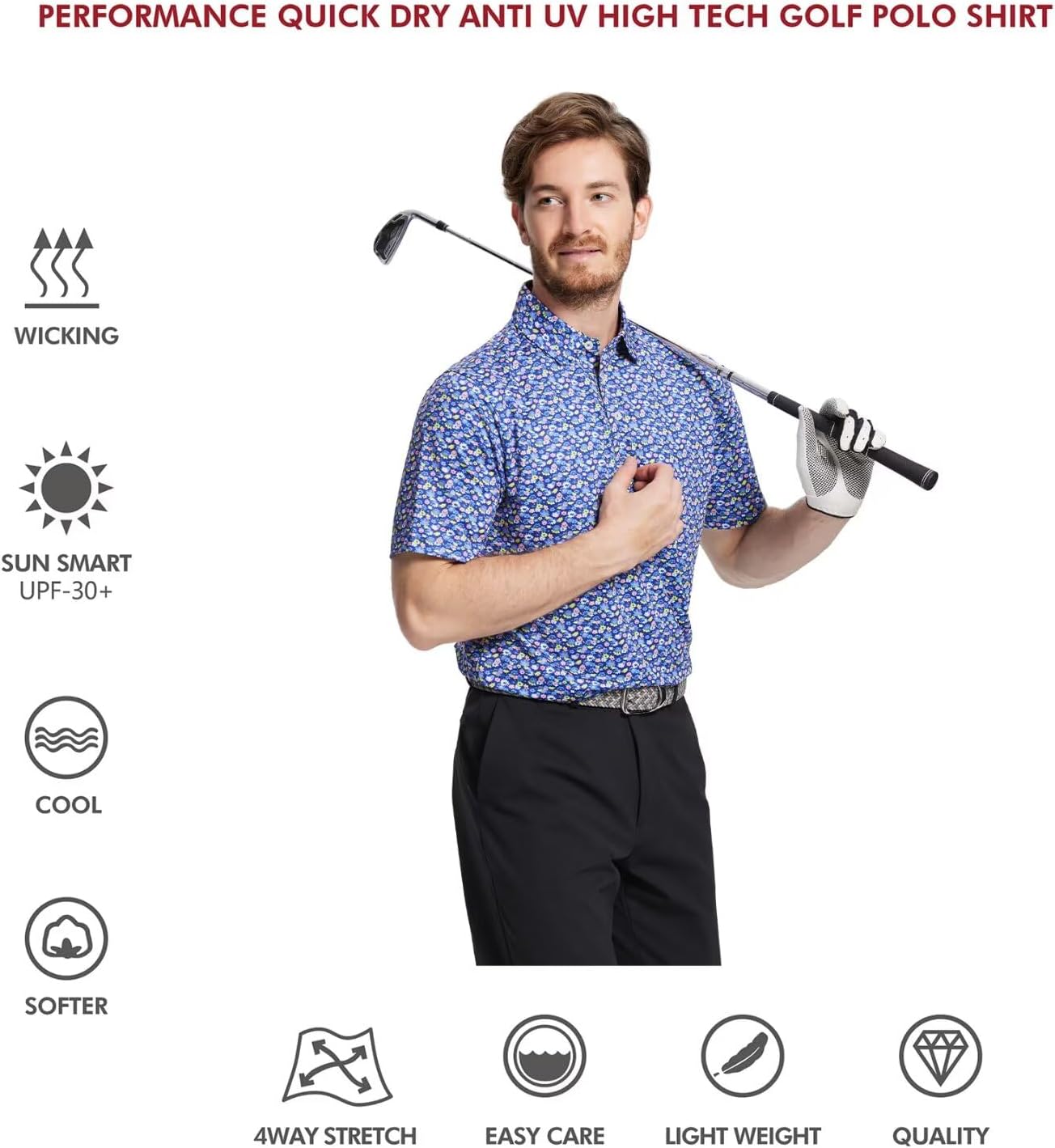 Golf Shirts for Men Dry Fit Short Sleeve Print Performance Moisture Wicking Polo Shirt