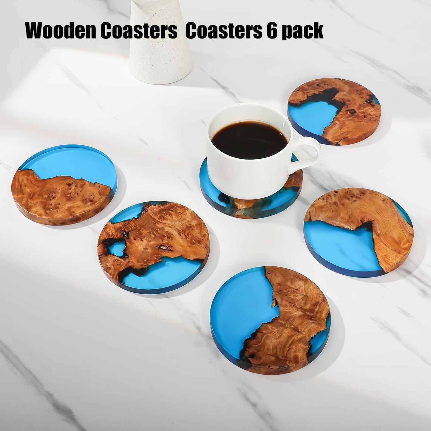 Drink Coaster Set, Wooden Coasters, Resin Coaster for Coffee Table, Tabletop Decorative Artwork, Unique, Handmade & Aesthetically Pleasing for Home, Office, Bar Decor,Coasters Set of 6 with Holder(6)