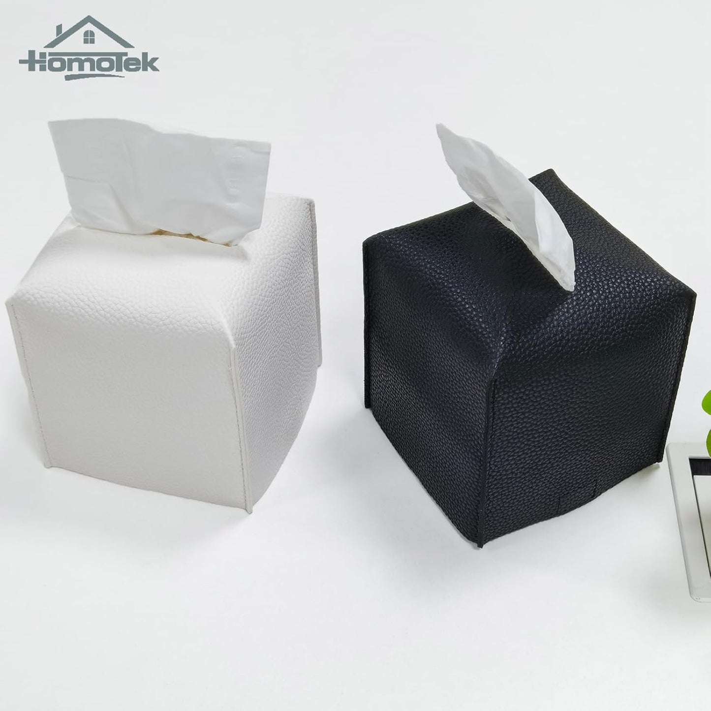 HOMOTEK 2 Pack Tissue Box Cover, Square PU Leather Tissue Holder, Decorative Facial Tissue Cube Paper Organizer Dispenser for Bathroom, Night Stands, Desk, Car 5X5X5'' - Matte Black, Pebble Grain