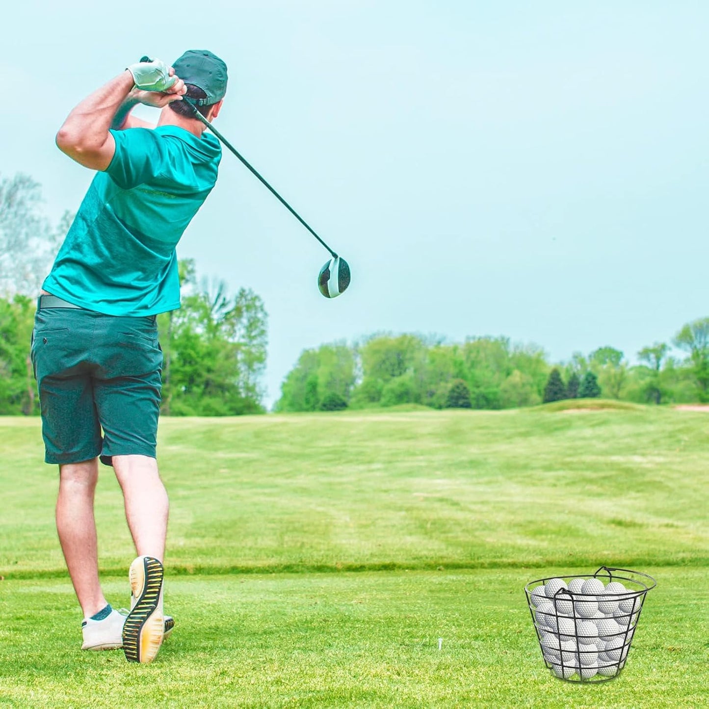 SINJEUN 2 Pack Metal Golf Ball Basket with Handle, Golf Ball Bucket, Golfball Container, Holds 50 Balls, Black