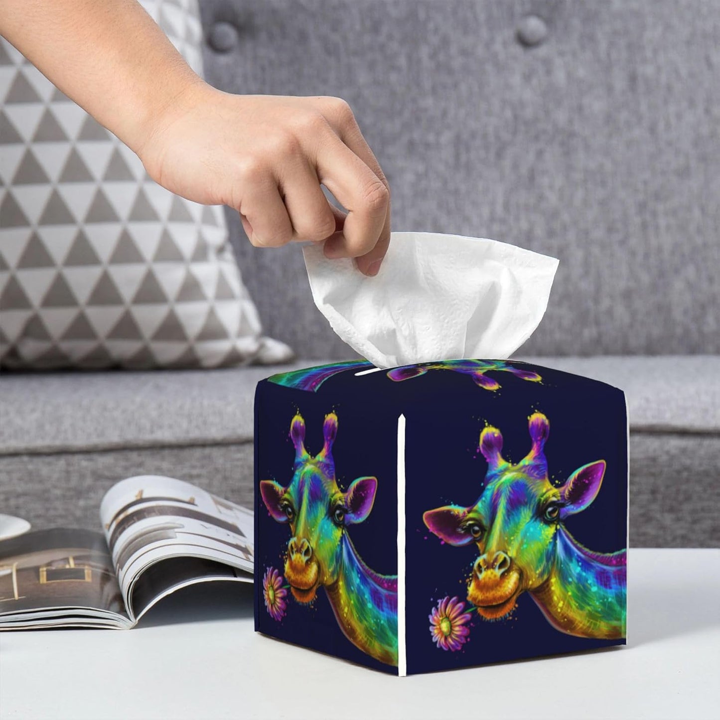 Leather Tissue Box Holder Colorful Giraffe Tissue Box Cover Square Waterproof Tissue Holder Organizer Modern Napkin Holder for Bedroom Dresser Night Stand Office Desk