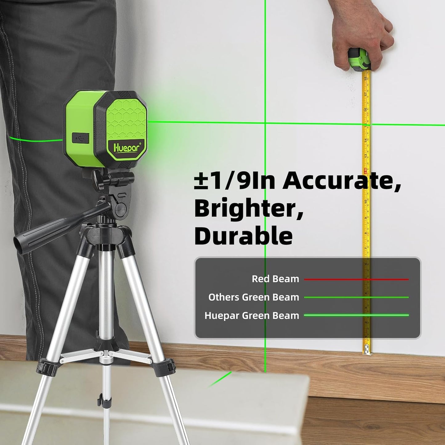 Laser Level with Tripod, HUEPAR 100Ft Self Leveling Laser Level Rechargeable Green Cross Line Laser Leveler Tool for Picture Hanging, Tile, Home Renovation, Carrying Bag Included (25.6 in Tripod)