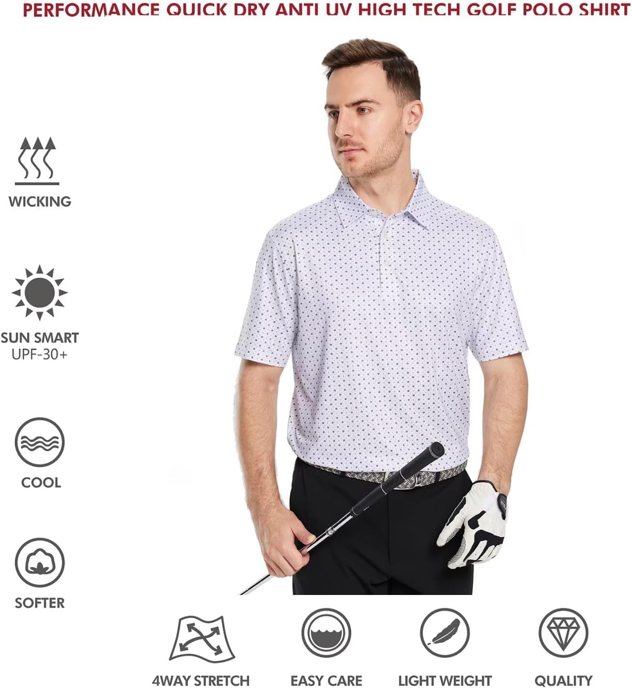 Golf Shirts for Men Dry Fit Short Sleeve Print Performance Moisture Wicking Polo Shirt