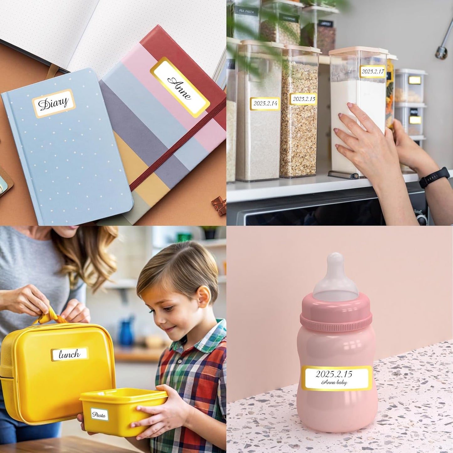 Gold Labels Stickers, Removable Blank Labels Gold Border, Self-Adhesive Rectangular Stickers Water/Oil/Tear Resistant for Storage, Classroom, Home (2 Size, 300 Sheet)