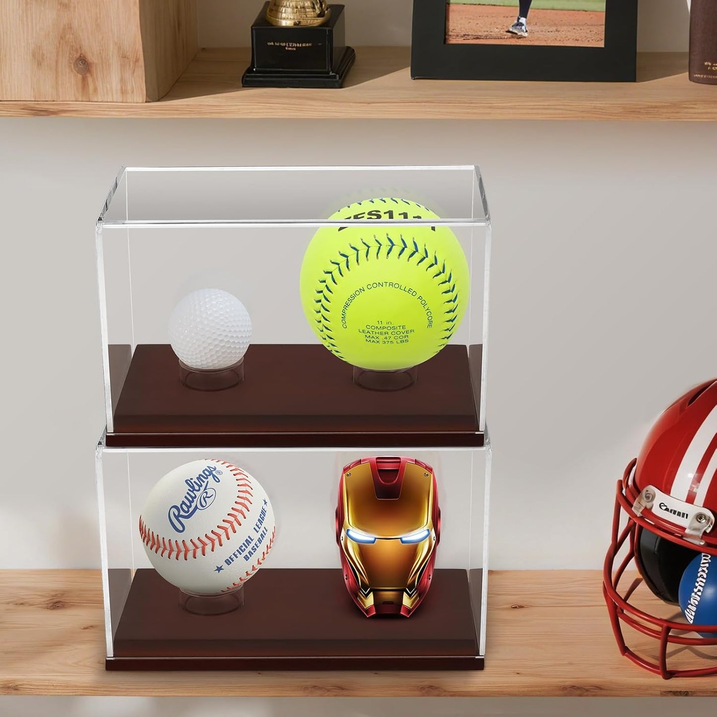 Baseball Display Case, UV Protected Clear Acrylic Cube Golf Ball Display Holder, Autograph Stand and Memorabilia Showcase Box for Two Ball, Brown Wooden Base