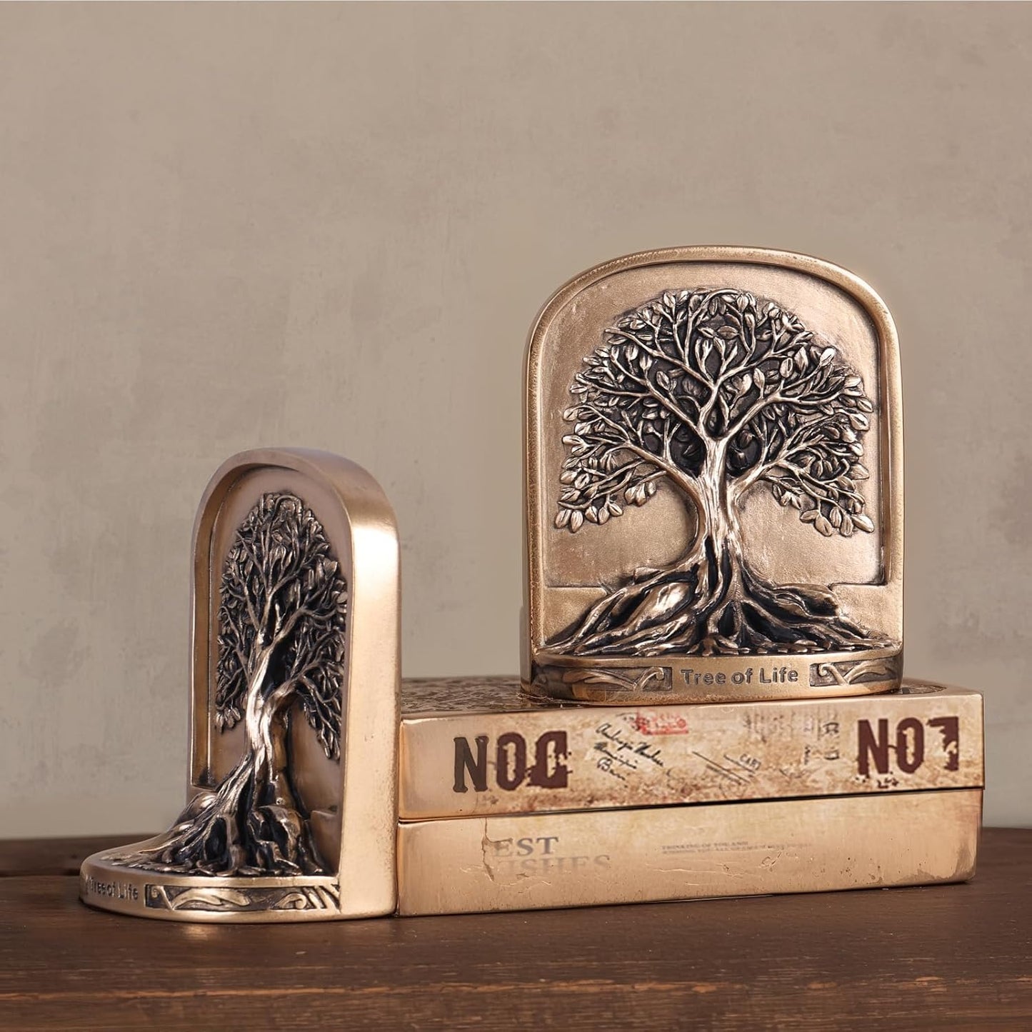 Antique Bronze Color Tree of Life Bookends Set, 2 Non-Skid Heavy Bookends for Shelves or Bookcase, Decorative Bookends for Desktop Shelf Decor, Library Office Decor, Home Décor Gift