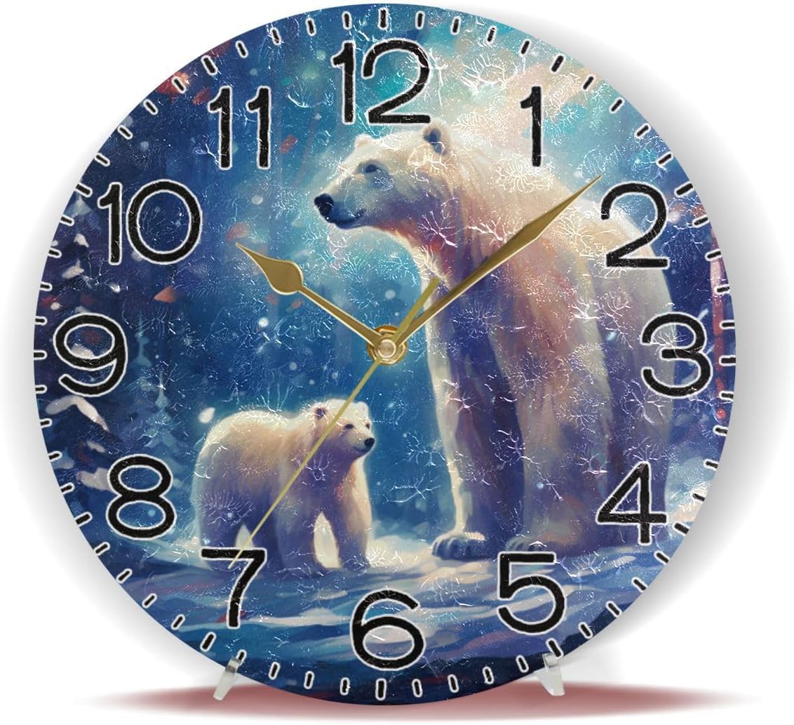 White Polar Bear Blue Lights Wall Clock Battery Operated Non Ticking Silent Quartz Analog Rustic Farmhouse Round Clock Retro Decor for Home Kitchen Living Room Bathroom