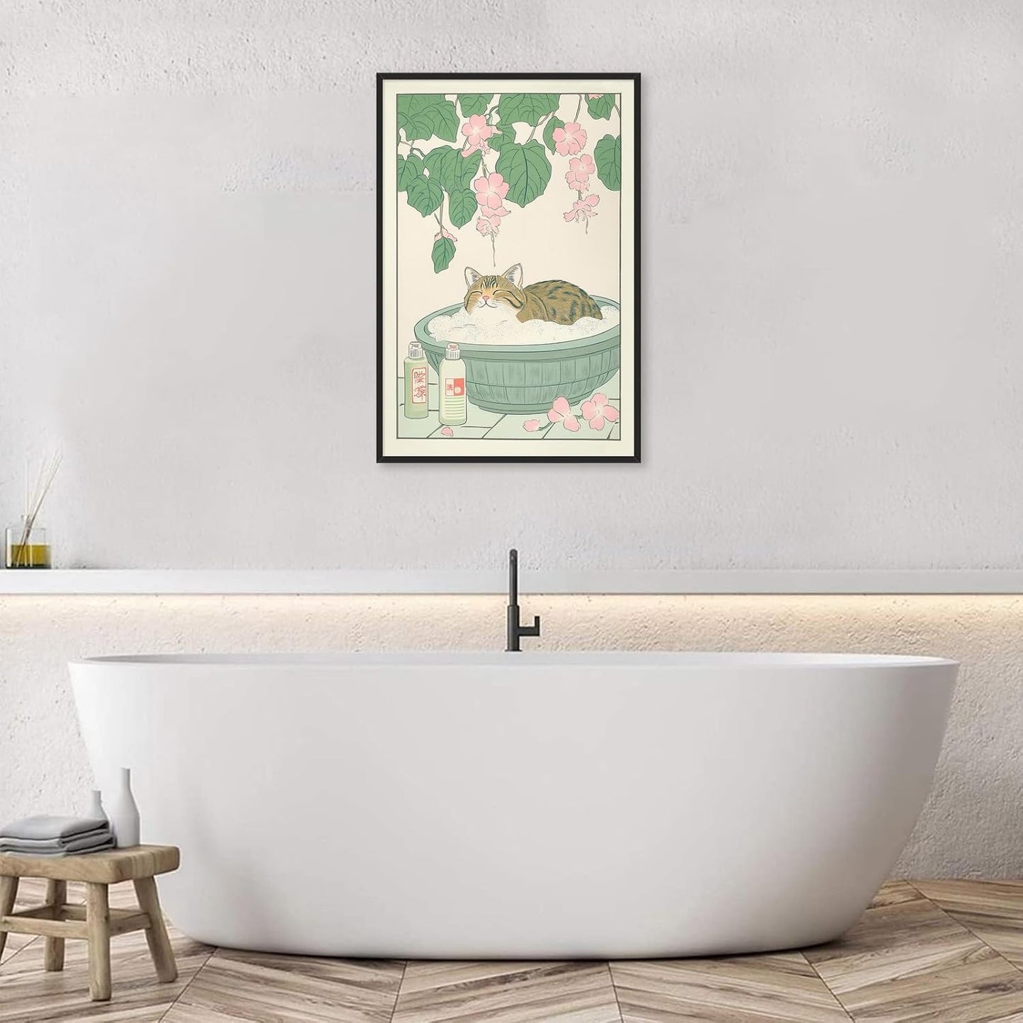 Vintage Tabby Cat in The Bathtub Posters Funny Bathroom Wall Art Cute Animal Lover Canvas Prints Japanese Aesthetic Neutral Minimalist Wall Decor for Dorm Restroom 20x30in Framed
