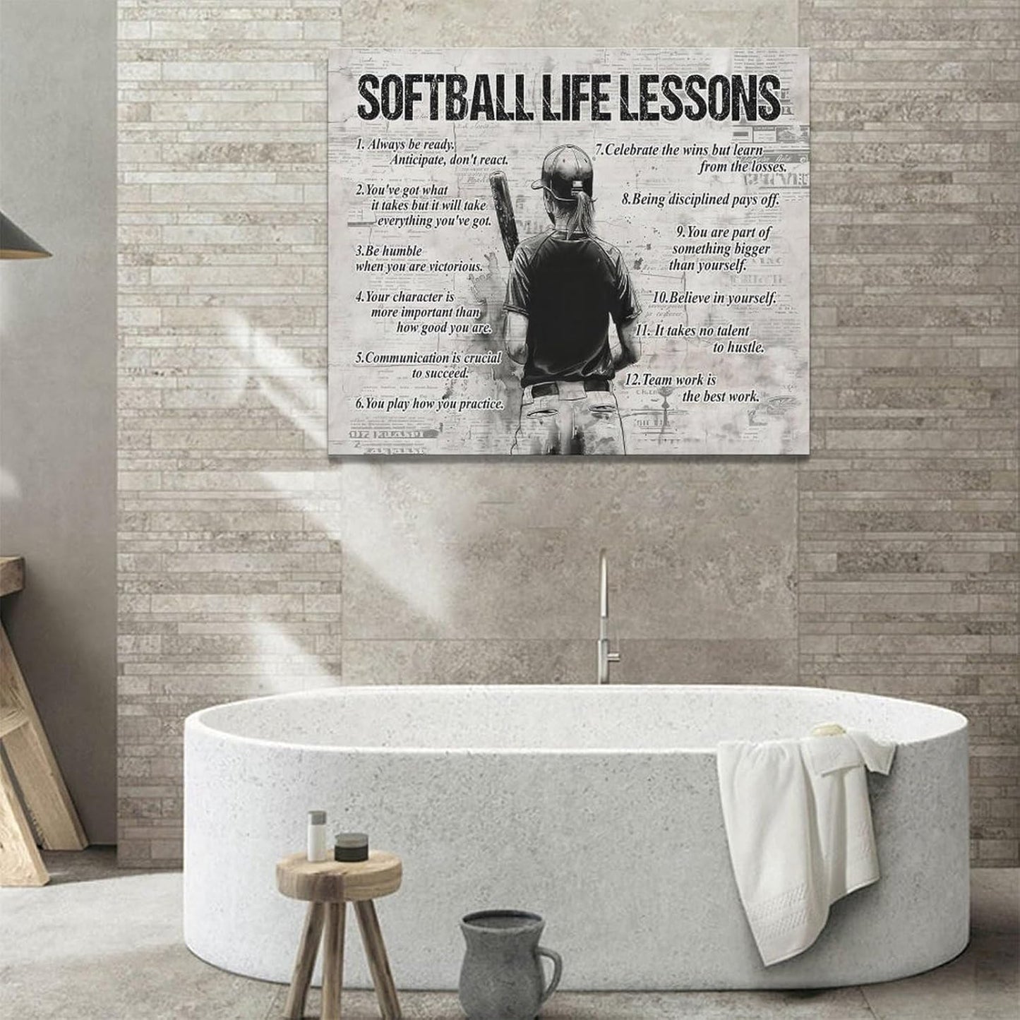 Softball Sports Wall Art Softball Life Lessons Wall Decor Softball Sign Retro Poster Boy Girls Men Room Motivational Decorations Canvas Print Painting Artwork for Bedroom Bathroom Living Room 24"x20"